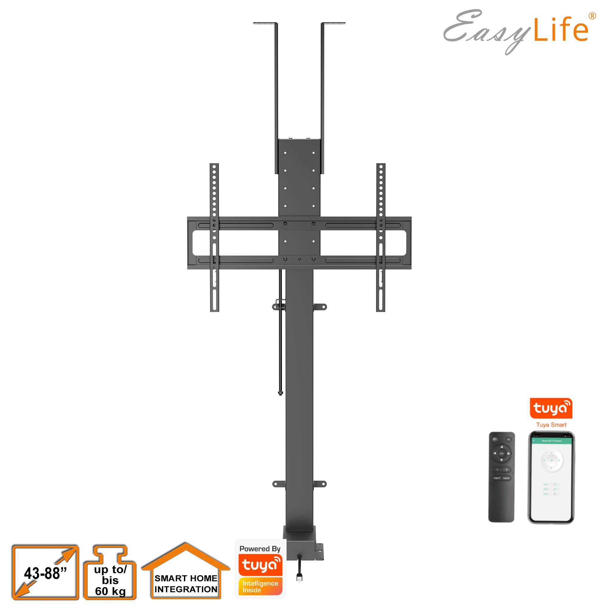 Schwarze TV-Halterung mit Fernbedienung, Telefon und Logos für Easy Life und Tuya. Unterstützt 43-88 Zoll TVs bis 60 kg.