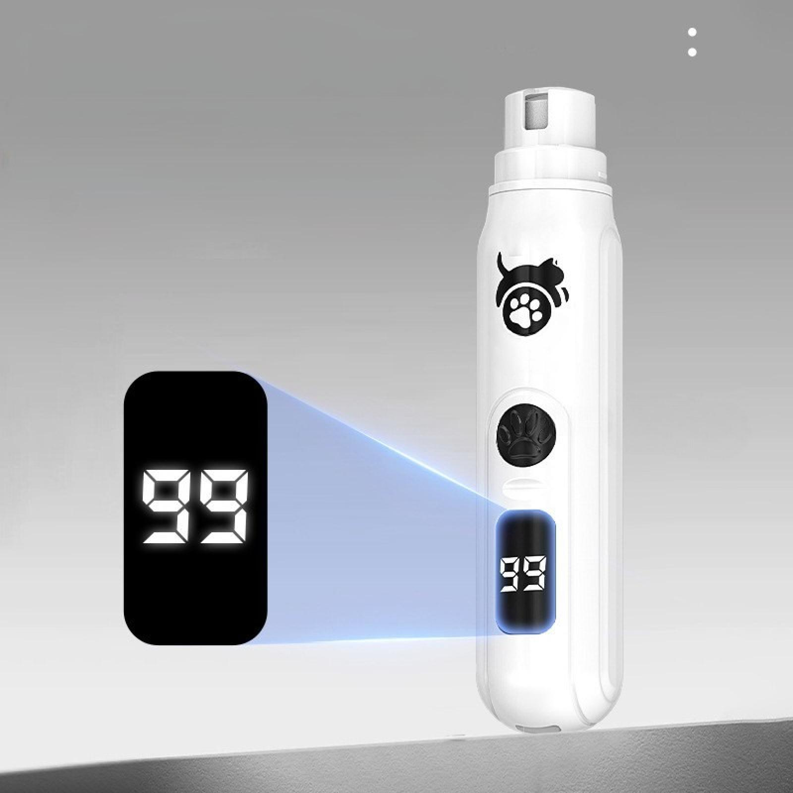 Weißer Haustier-Nagelschleifer mit Anzeige "99". Katzenpfoten-Logo. Schwarzes Display zeigt auch "99".