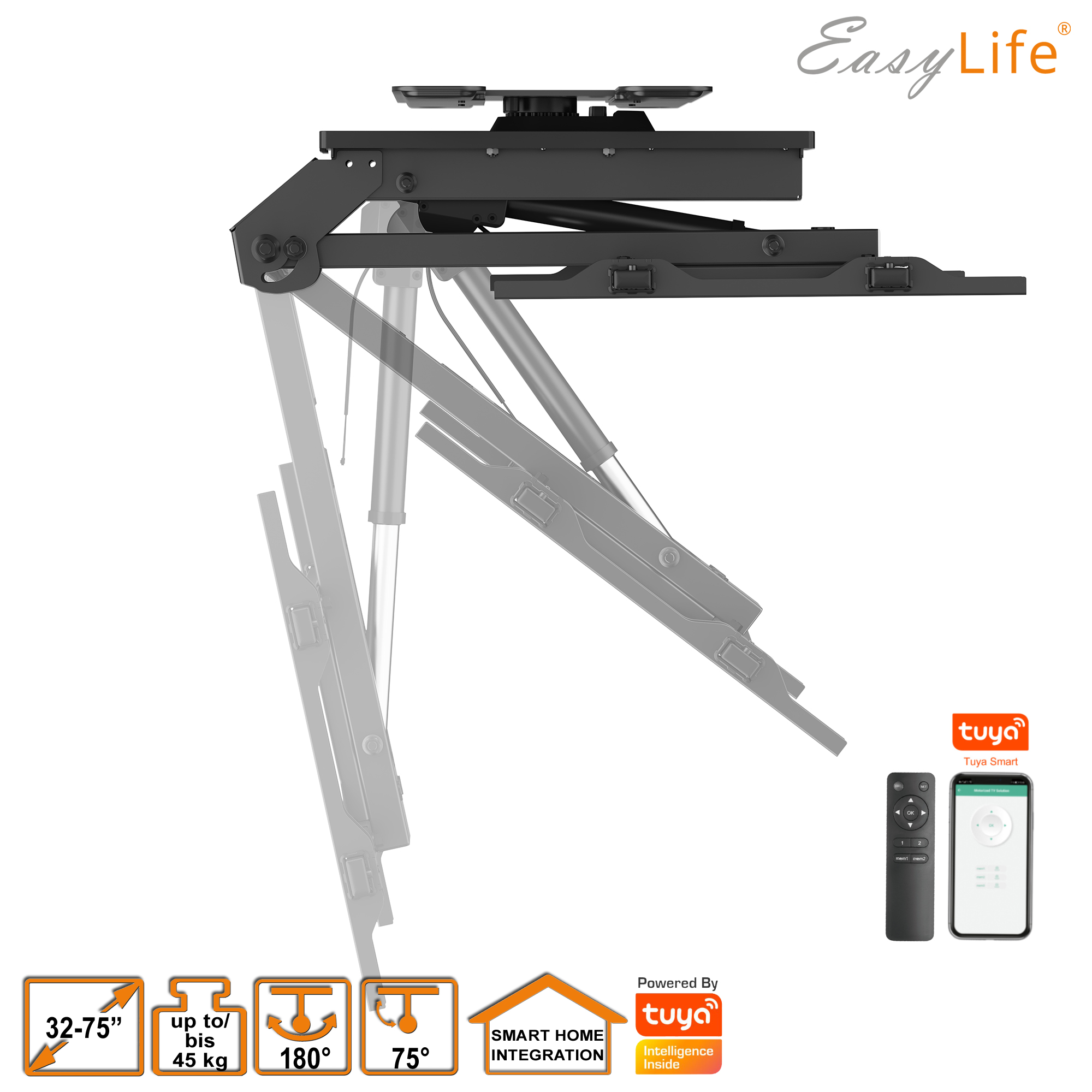 Schwarze TV-Halterung, Marke Easy Life, mit Fernbedienung und Smartphone. Inklusive Spezifikationen für Bildschirmgröße und Gewicht.