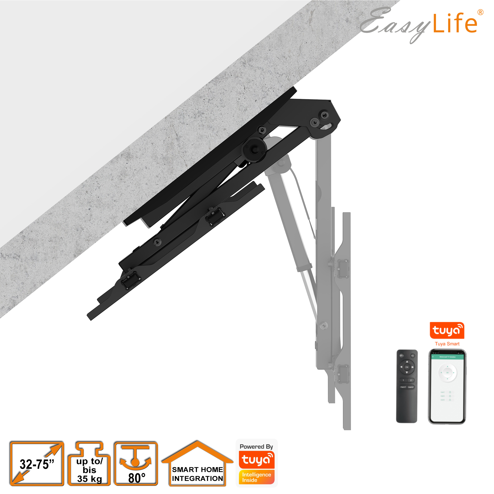 Schwarze TV-Halterung an einer Betonwand, mit Fernbedienung und Telefon. Merkmale: 32-75", bis zu 35 kg und 80°.