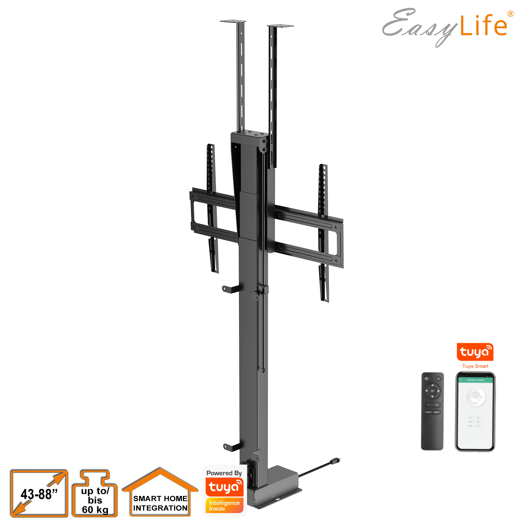 Ein schwarzer TV-Lift mit Fernbedienung und Telefonanzeige, unterstützt 43-88" Bildschirme, Smart-Home-Integration, bis 60 kg.