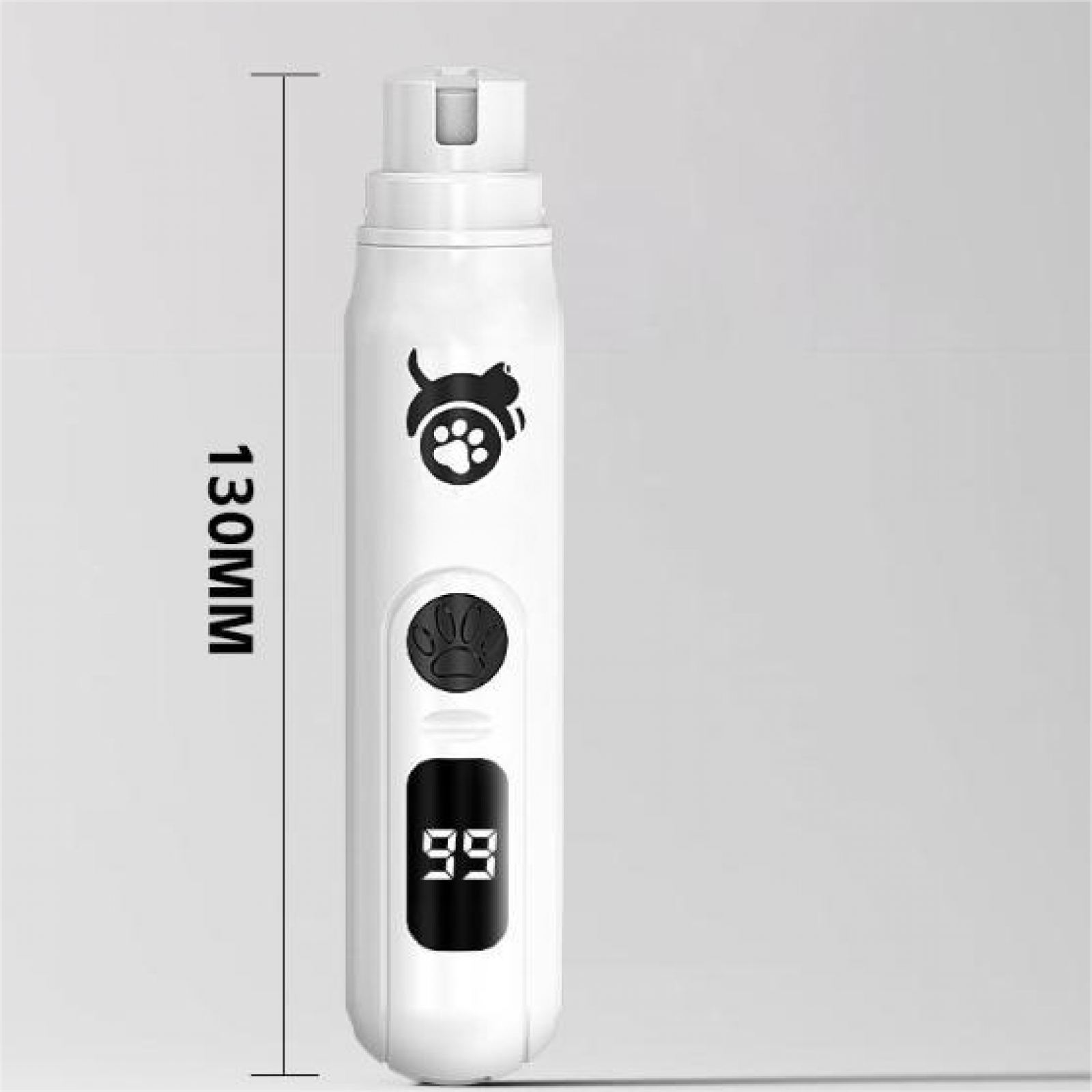 Ein weißer Haustier-Nagelschleifer mit schwarzem Pfotenabdruck-Logo und Digitalanzeige mit '99'. Die Länge beträgt 130 mm.