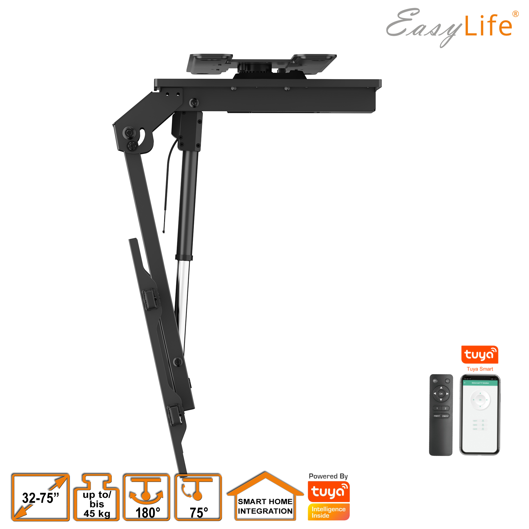 Schwarze TV-Wandhalterung mit Fernbedienung und Telefon, für 32-75" TVs. Merkmale: 180° Drehung und Smart-Home-Integration.
