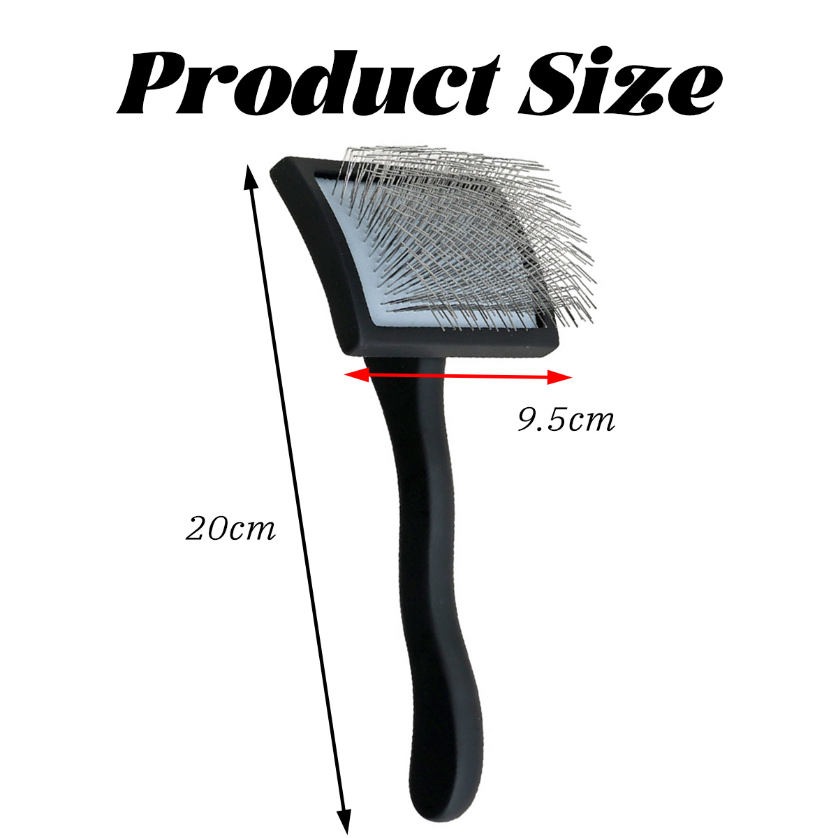 Eine schwarze Haustierbürste mit Metallborsten. Abmessungen: 20 cm lang und 9,5 cm breit. Text: Produktgröße.