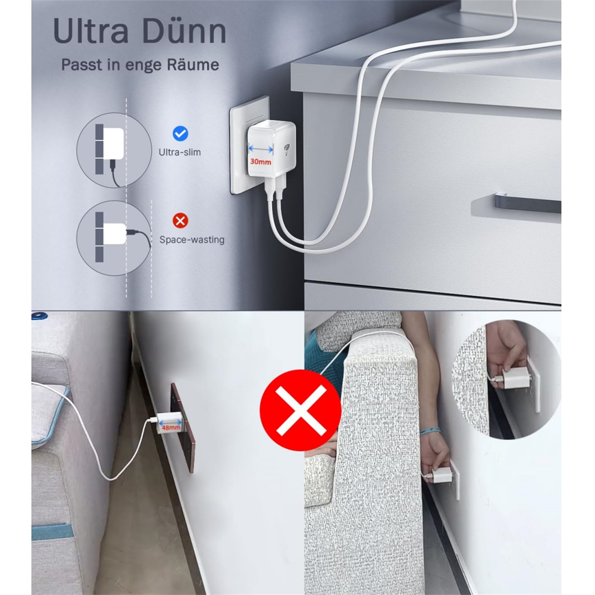 Diagramm, das ein kompaktes Ladegerät mit einem sperrigen Ladegerät vergleicht. Das kompakte Ladegerät ist ultraschlank und passt in enge Räume, im Gegensatz zum platzraubenden.