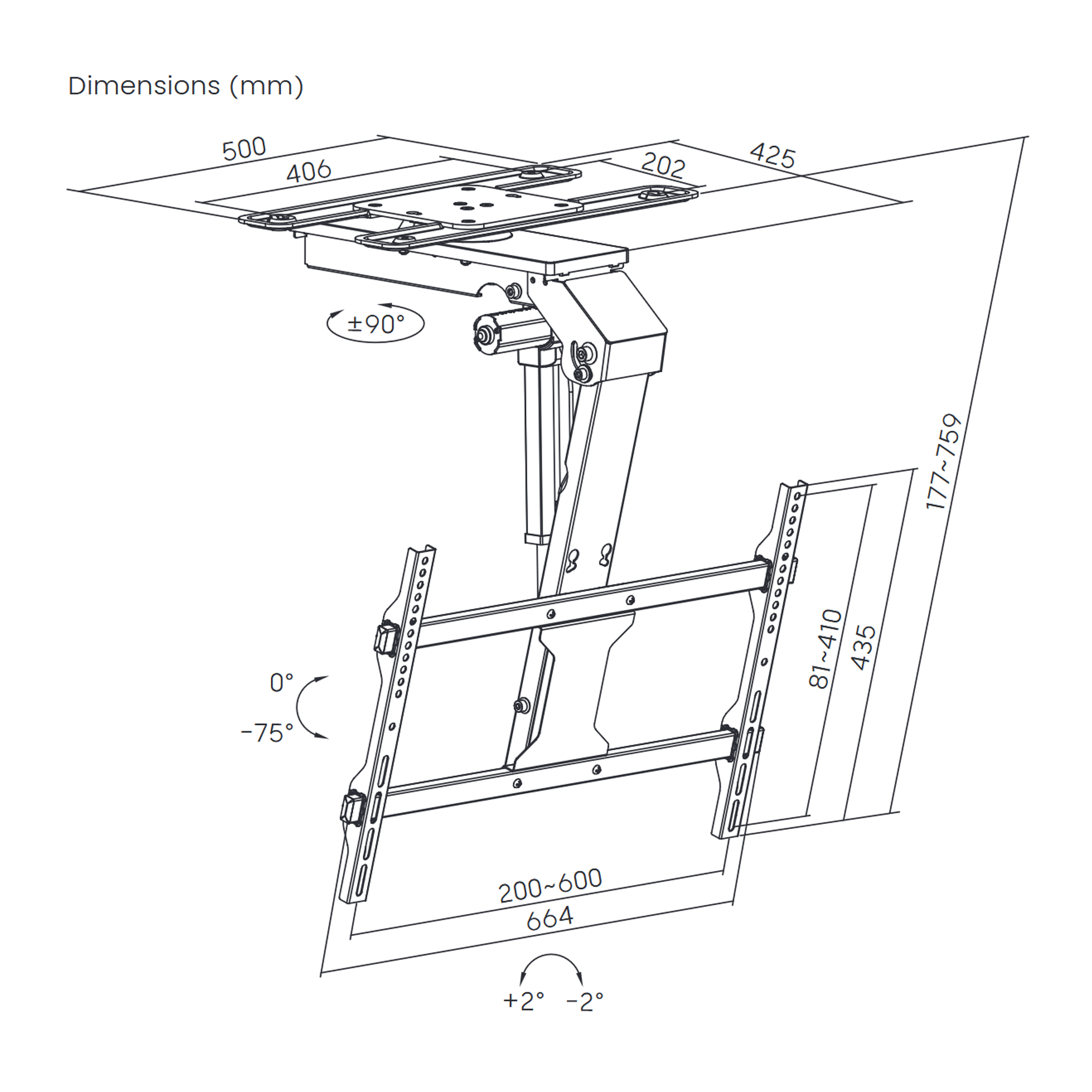 Technische Zeichnung zeigt eine Deckenhalterung für Fernseher mit Abmessungen. Winkel und Maße sind in Millimetern angegeben.