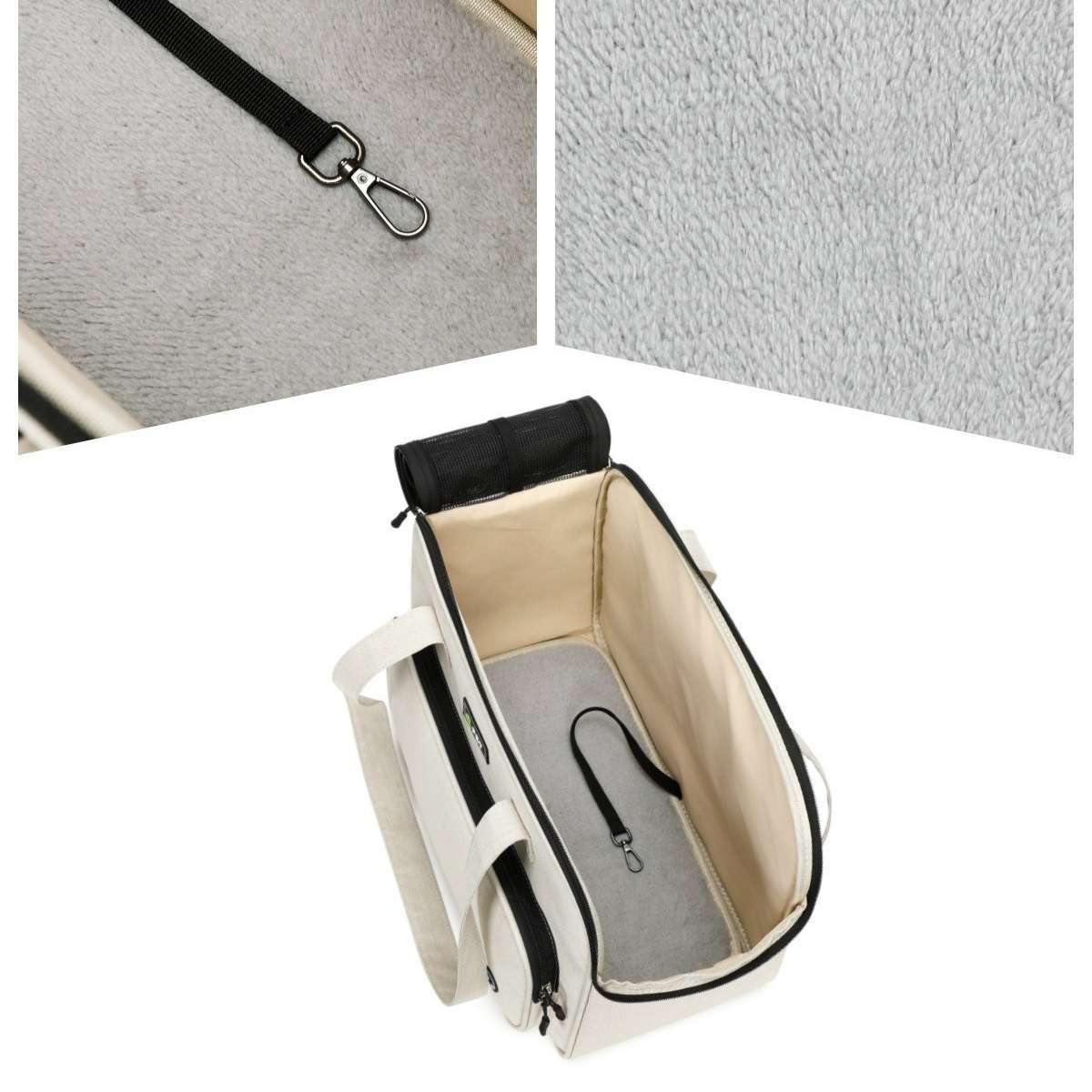 Eine Haustiertragetasche mit schwarzem Gurt und Metallhaken. Die Tasche ist cremefarben, hat einen schwarzen Reißverschluss und eine graue Innenseite.
