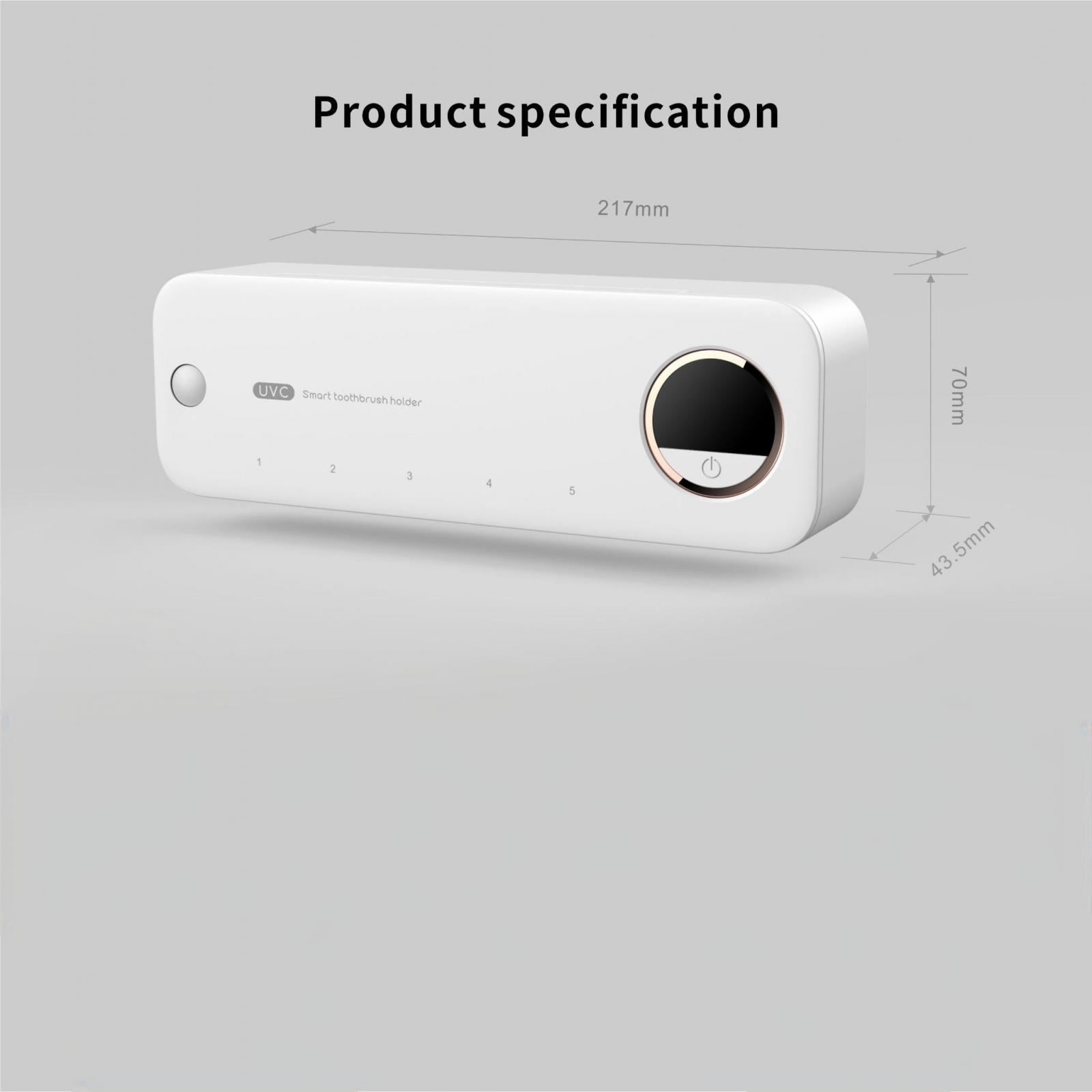 Weißer intelligenter Zahnbürstenhalter mit Ein-/Aus-Taste, UVC-Etikett und fünf nummerierten Steckplätzen. Abmessungen werden angezeigt. Produktspezifikation.