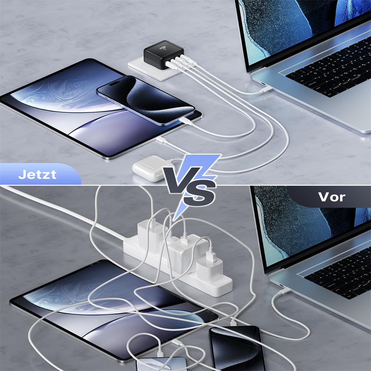 Bild vergleicht effizienten Ladehub (oben) mit unordentlicher Steckdosenleiste (unten). Geräte sind Laptop, Tablet und Telefon.