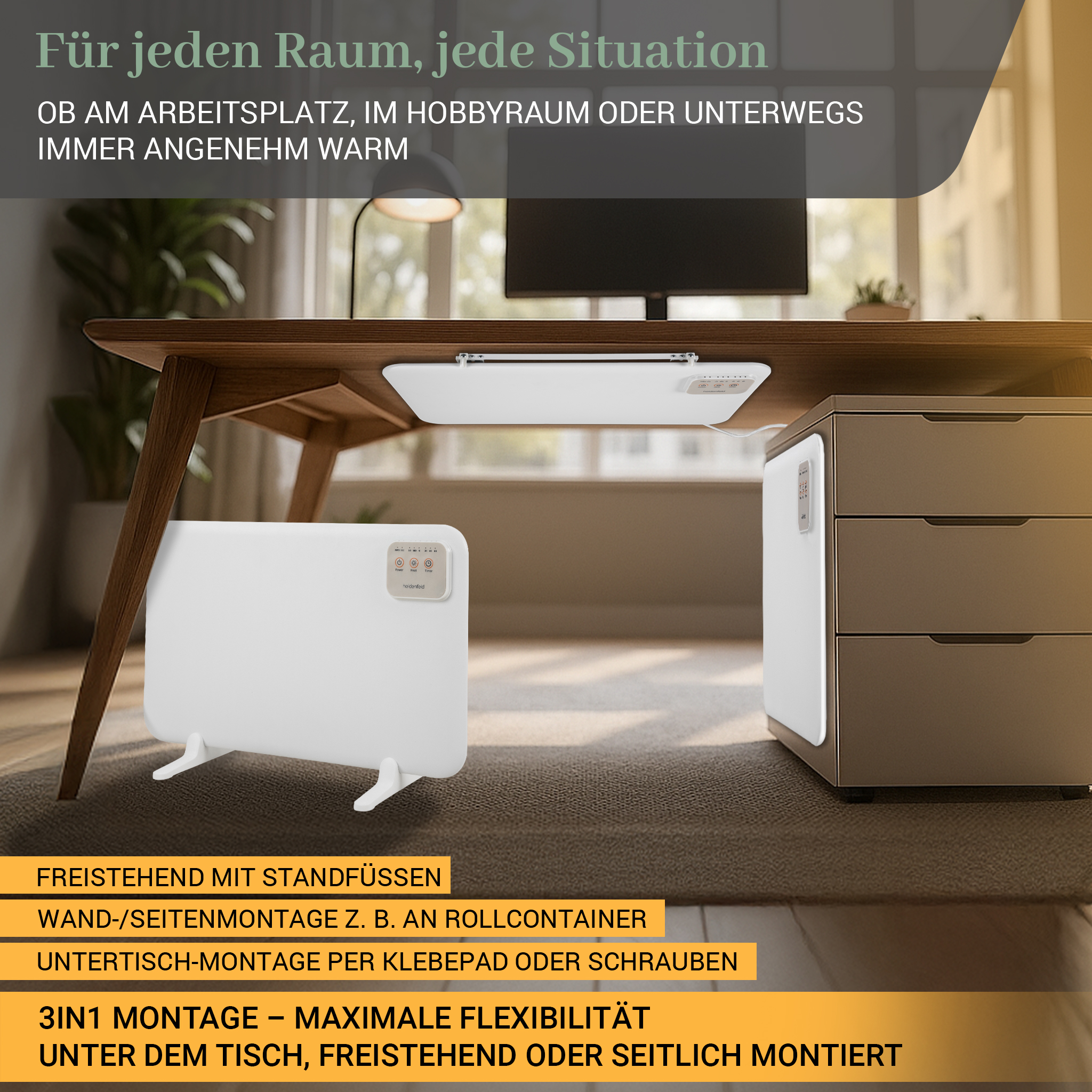 Ein weißer Heizkörper steht auf einem Teppich in der Nähe eines Schreibtisches und eines Schranks. Text: '3in1 Montage - maximale Flexibilität'.