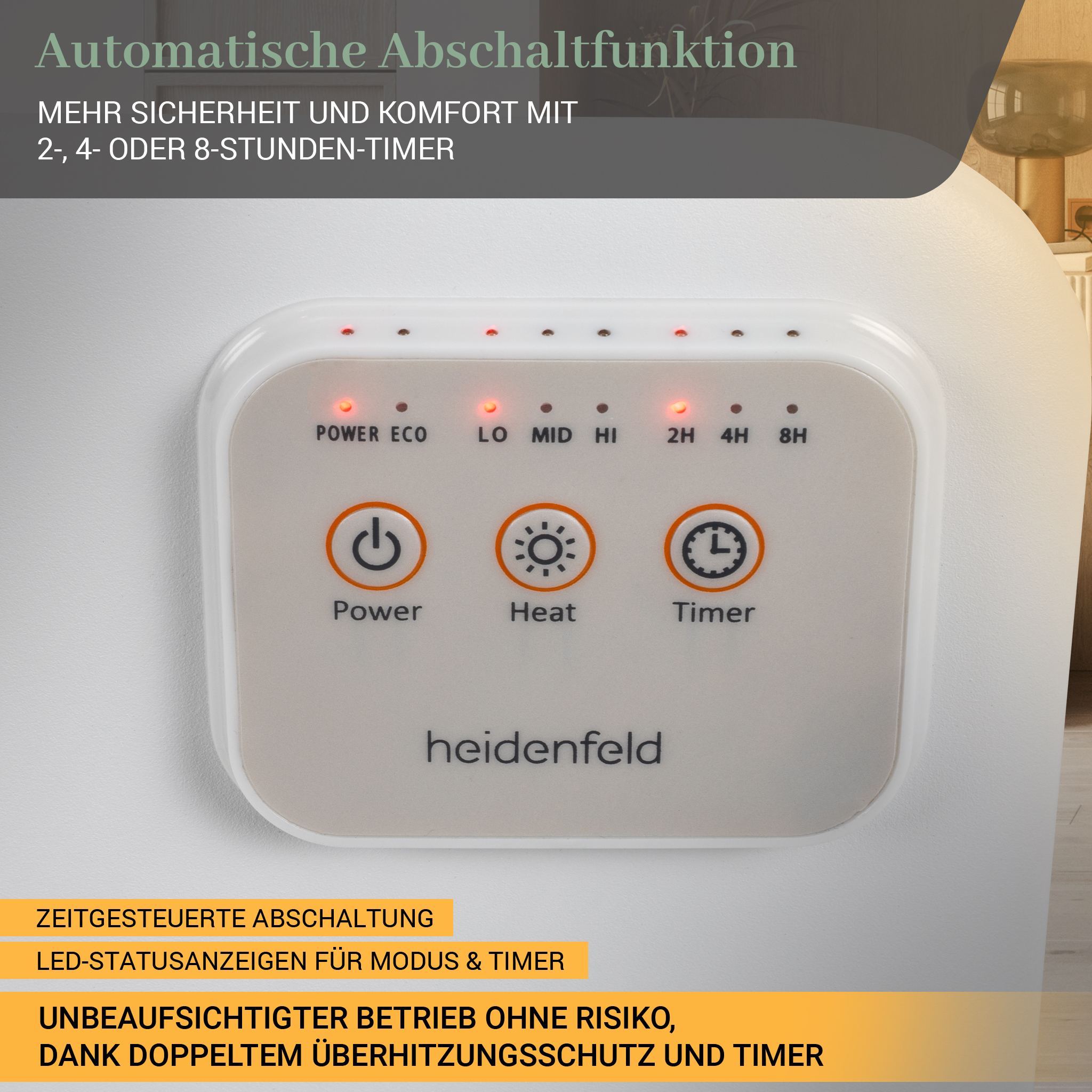 Ein weißes Gerät mit Tasten für Strom, Wärme und Timer, mit Kontrollleuchten. Text sagt 'heidenfeld'.