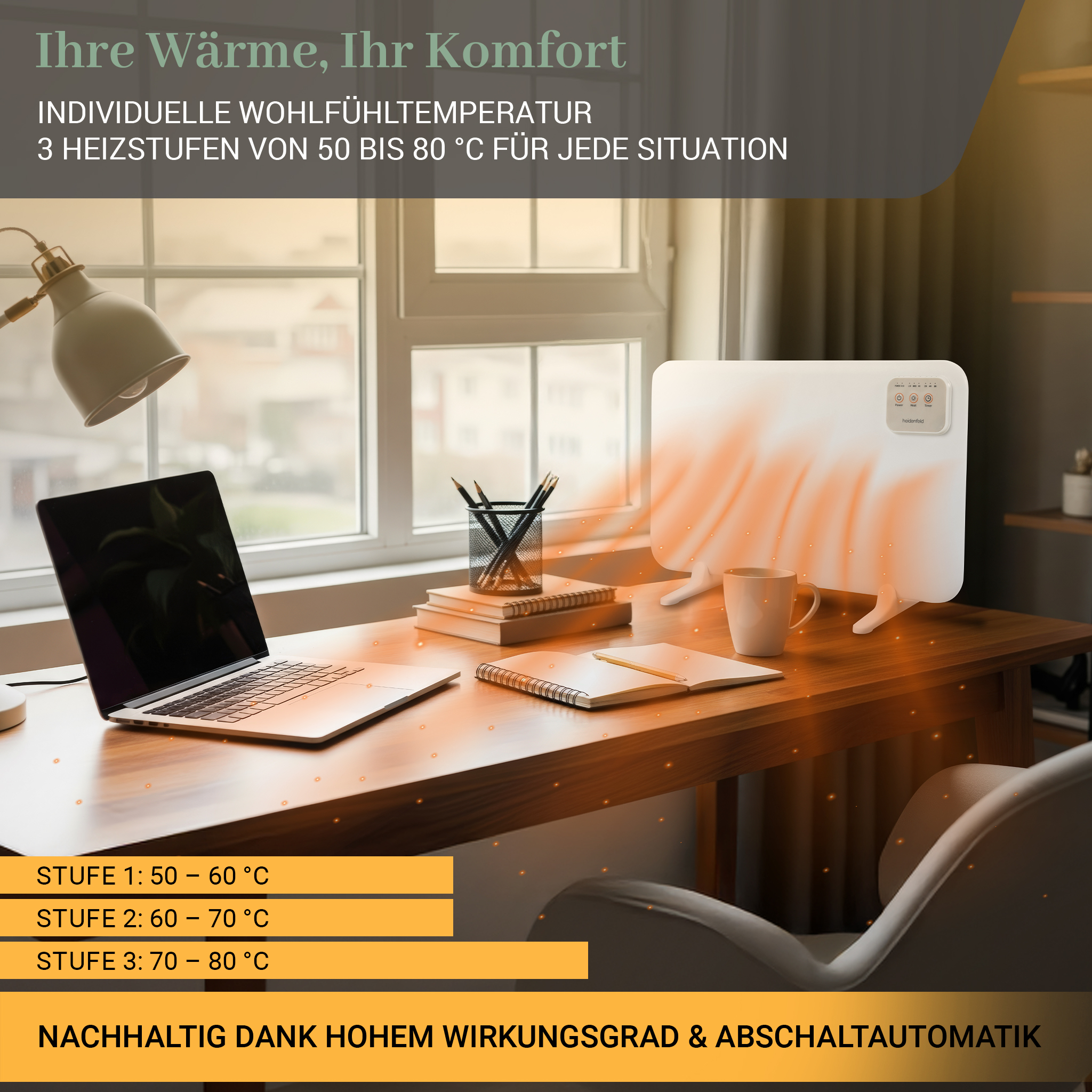 Ein Raum zeigt einen Heizlüfter auf einem Schreibtisch mit Laptop und Tasse. Text enthält Temperatureinstellungen.
