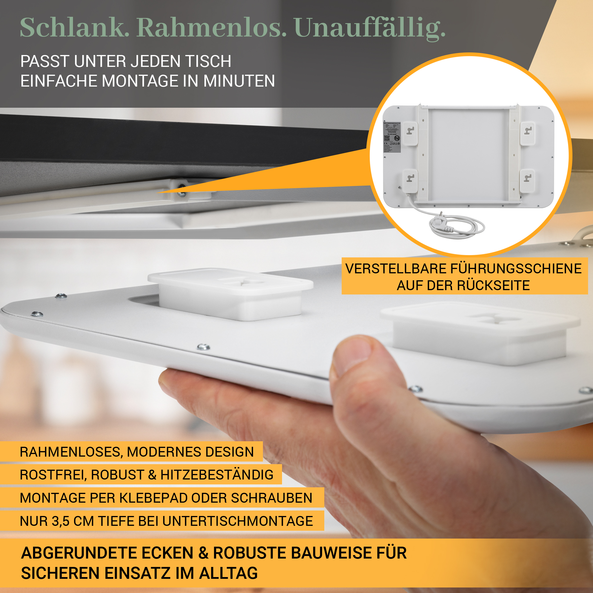 Ein weißes, rechteckiges Gerät wird gezeigt, mit einer Hand, die den Rand hält. Text auf Deutsch beschreibt Merkmale und Vorteile.