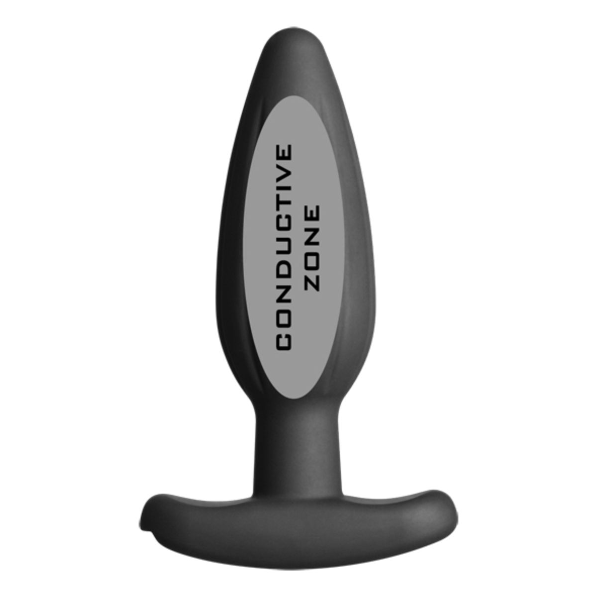 Un tapón anal negro con un óvalo gris en el centro, que dice 'CONDUCTIVE ZONE'. Tiene una base en forma de T y una parte superior cónica.