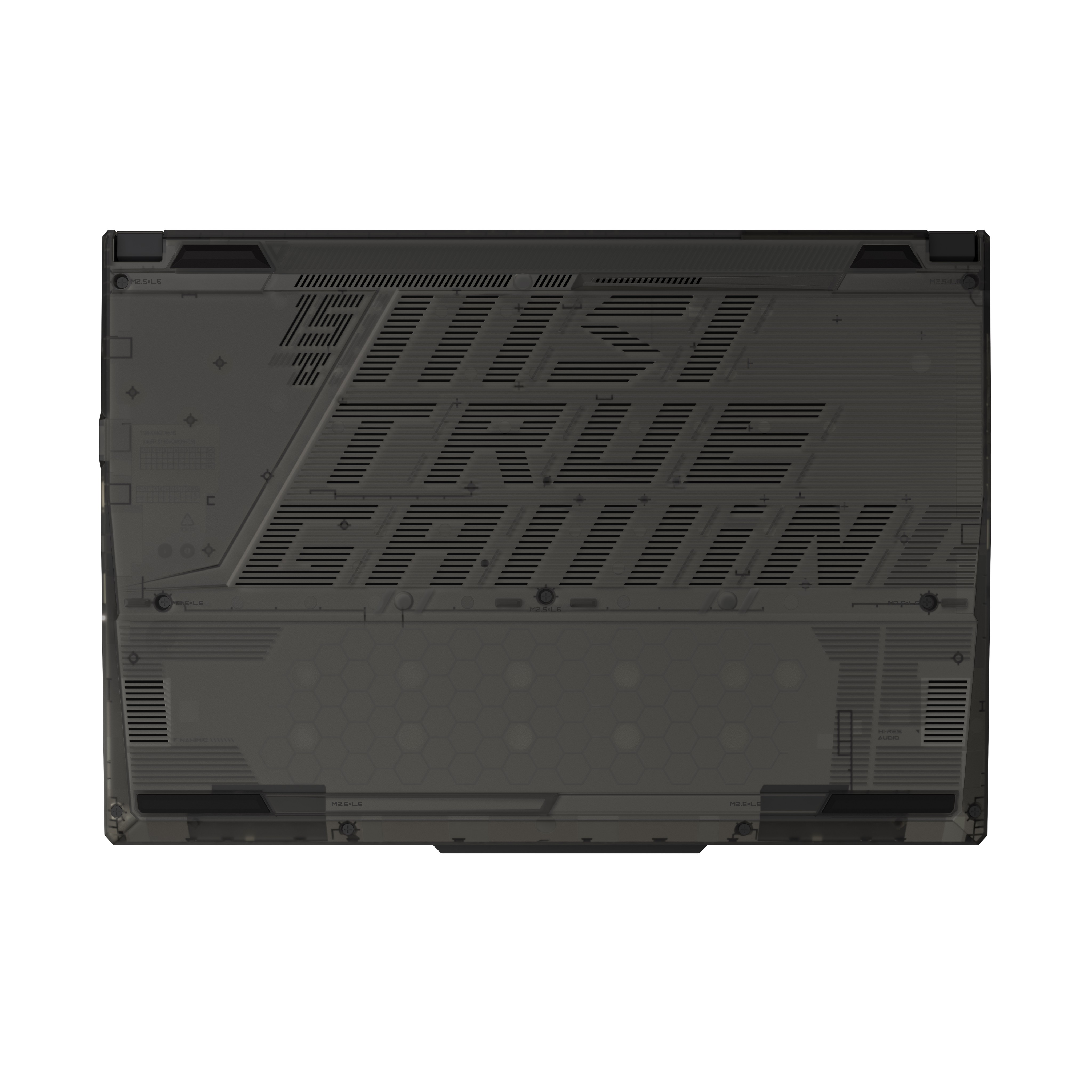 Koyu gri bir dizüstü bilgisayar tabanı, metin ve havalandırma delikleri. 'TRUE GAMING' kelimesi görülebilir.