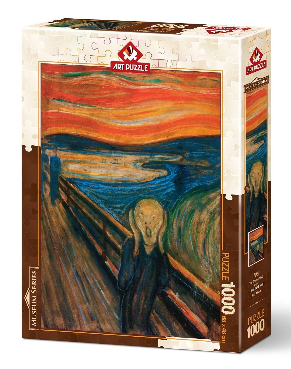 Bir yapboz kutusu, Edvard Munch'un 'Çığlık' adlı eserini gösteriyor. Resimde, dönen turuncu ve mavi bir gökyüzüne karşı çığlık atan bir figür tasvir ediliyor.