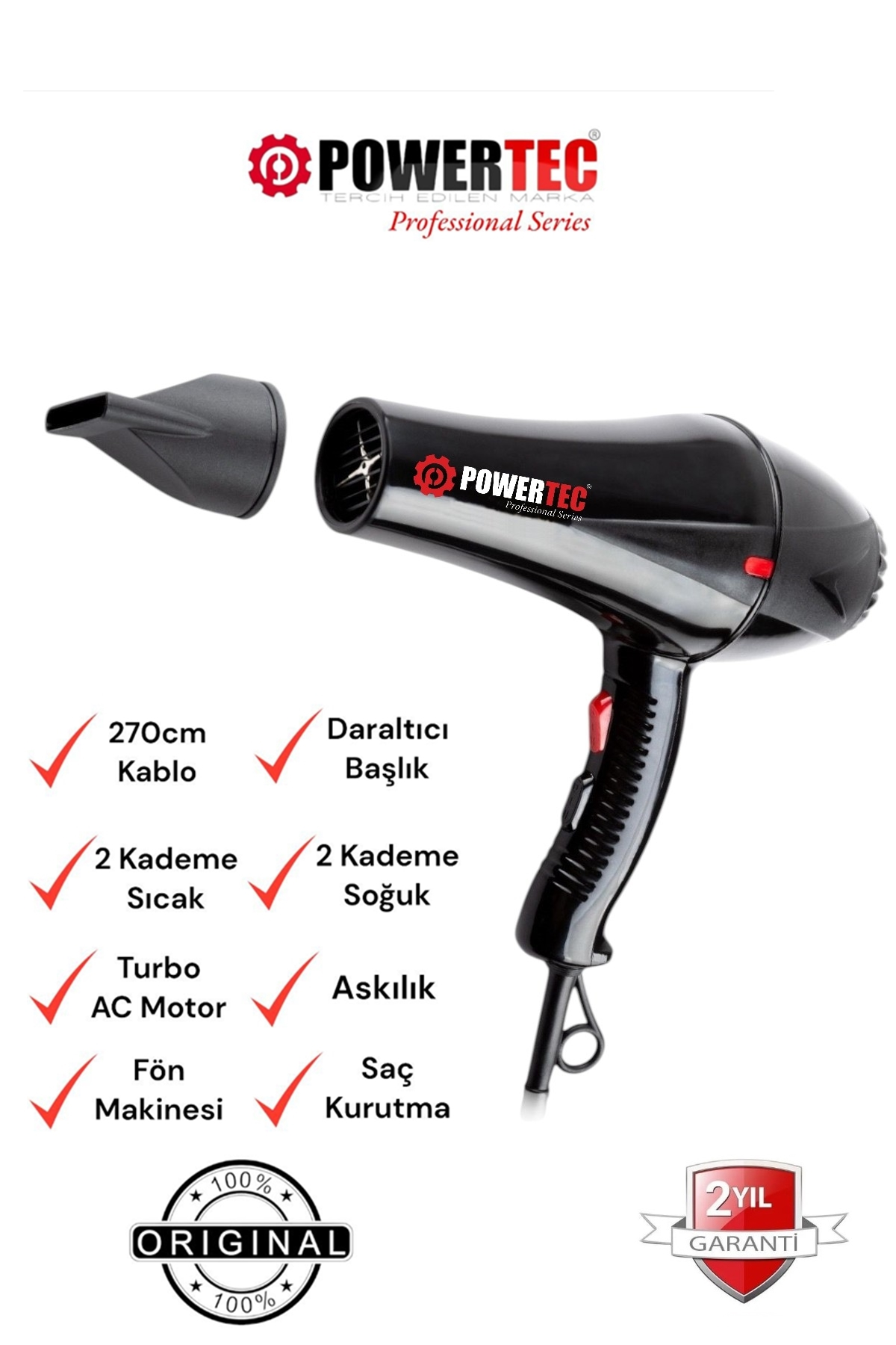 Siyah bir Powertec saç kurutma makinesi, ayarlanabilir ısı ayarları ve 2 yıl garanti içerir.