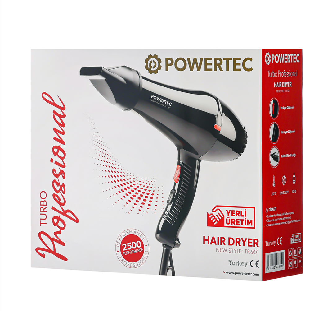 Siyah bir Powertec saç kurutma makinesi kutuda. Kutu, ürünü tanıtan kırmızı ve siyah metin ve grafiklerle beyazdır.