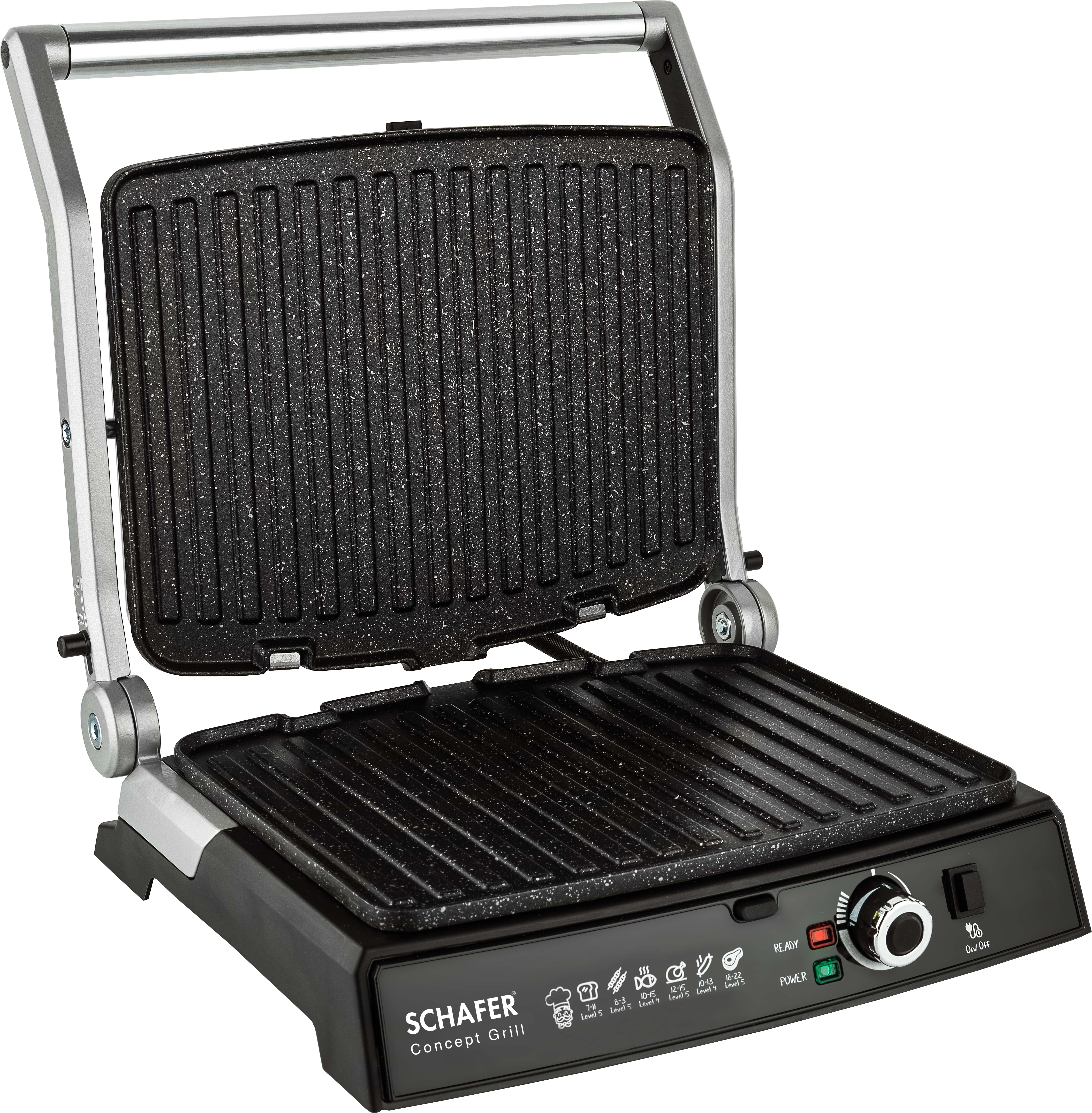 Açık siyah bir Schafer Concept Grill. Gümüş bir sapı ve güç ve hazır ışıklarla bir kontrol paneli vardır.