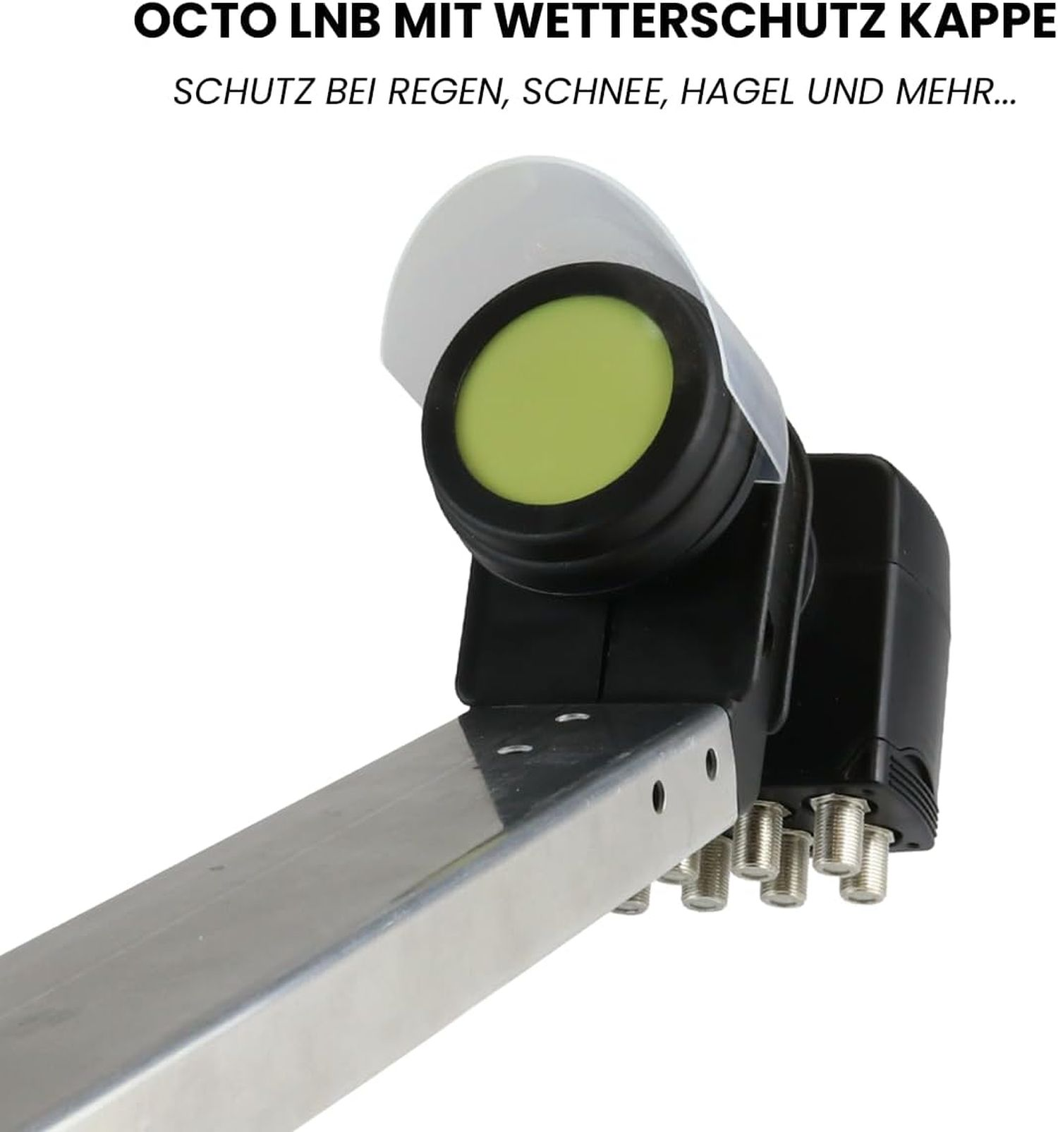 Ein LNB mit Wetterschutz. Verfügt über ein schwarzes Gehäuse mit grün-gelbem Zentrum und silberner Halterung sowie einen weißen Wetterschutz.