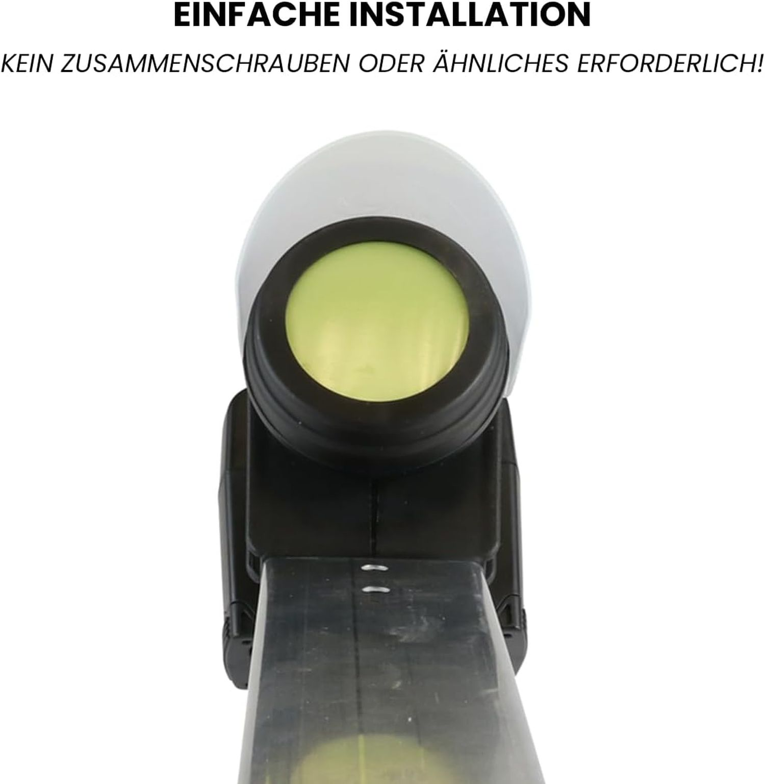 Nahaufnahme eines Geräts mit weißem Oberteil, grünem Zentrum und schwarzer Basis. Text oben lautet 'Einfache Installation'.