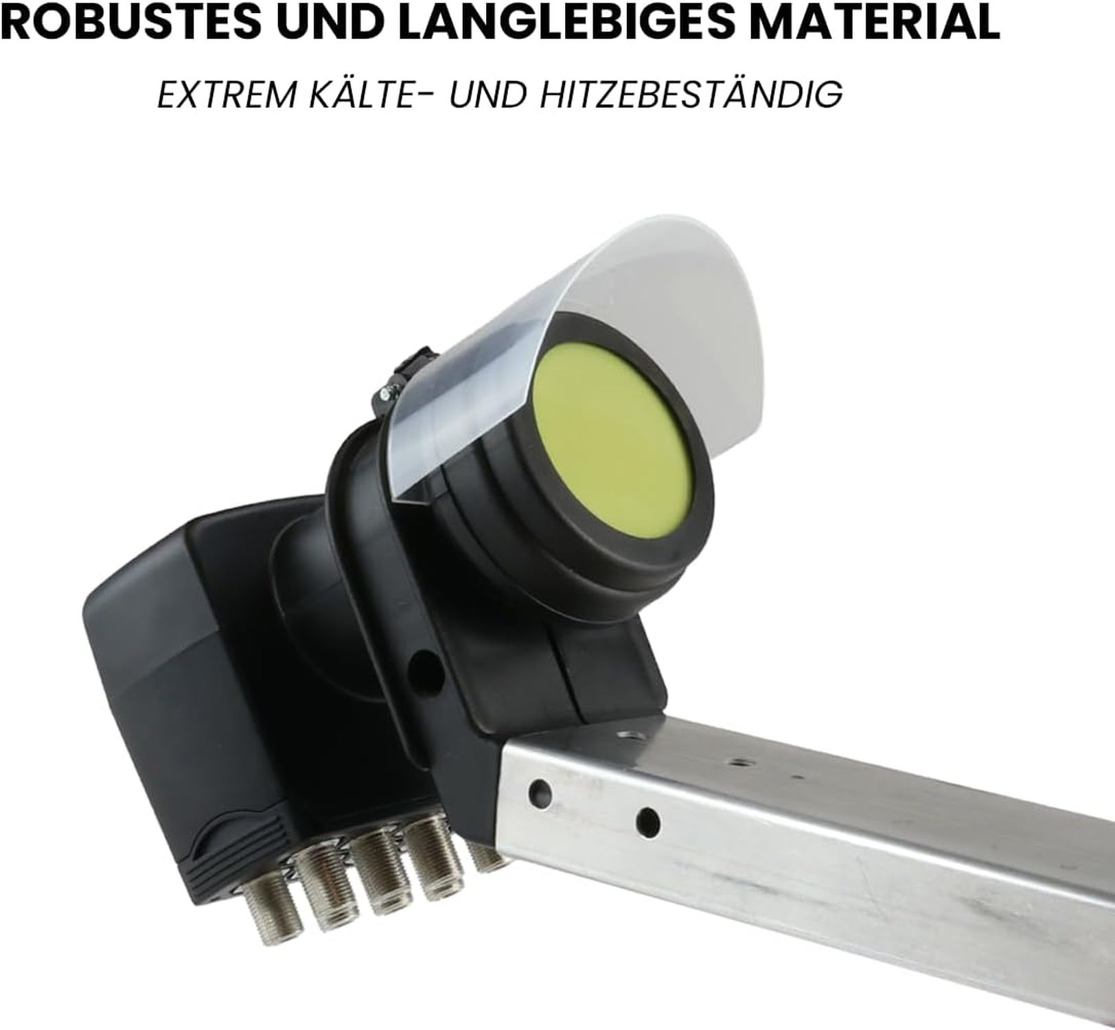 Nahaufnahme einer Satellitenschüsselkomponente. Sie hat einen schwarzen Körper, eine hellgrüne Linse und eine silberne Montageleiste.