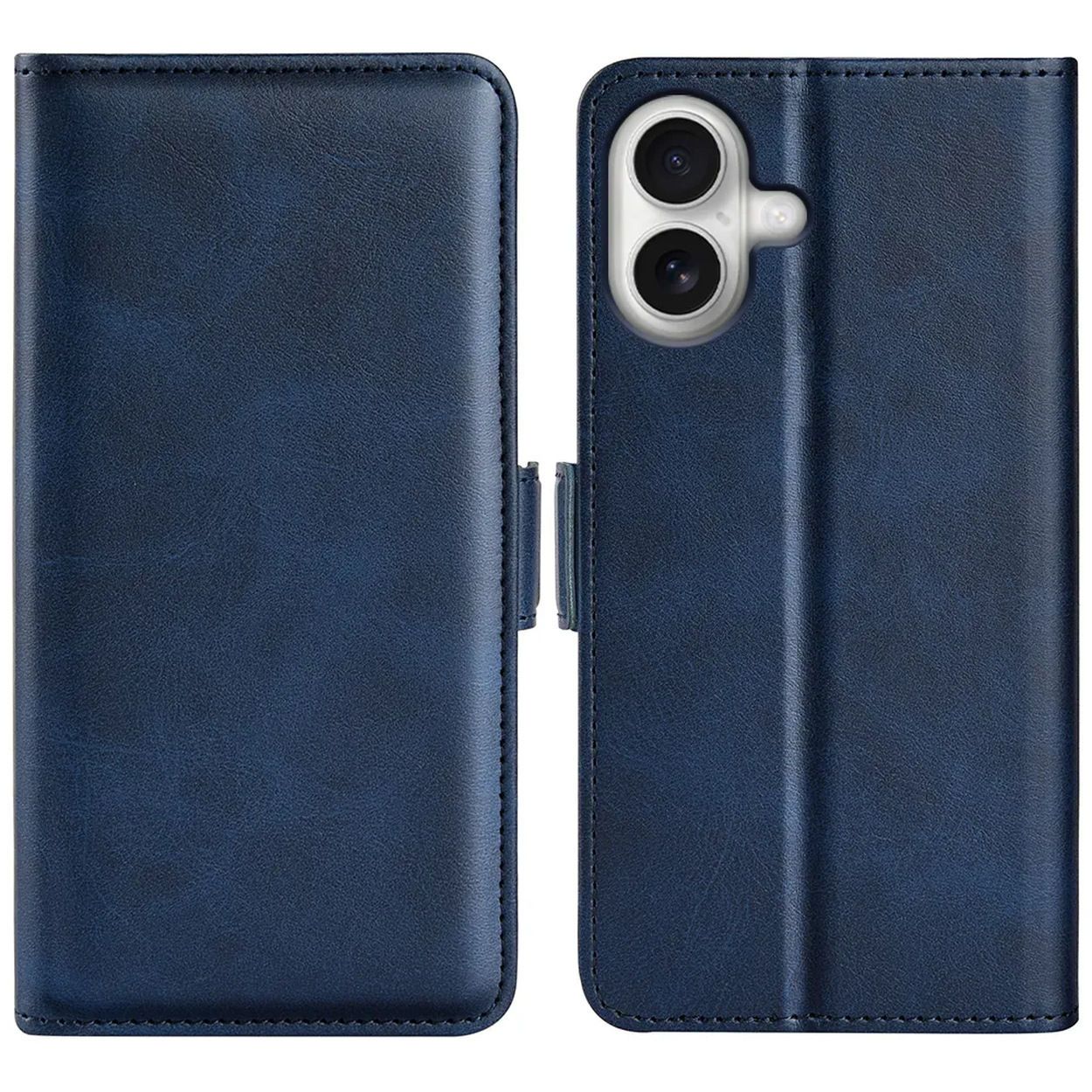 Een blauwe leren telefoonhoes, open naar rechts. De hoes bestaat uit twee delen. Eén kant heeft een camera-uitsparing.