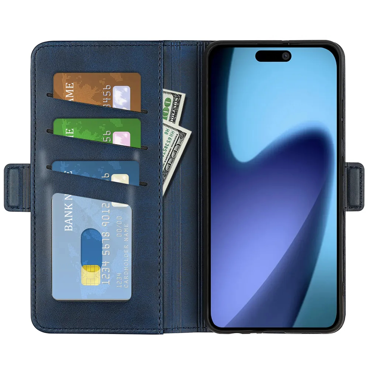 Blauwe telefoonhoes open, met kaarten en geld. Een smartphone rechts. Kaarten zijn bruin, groen en blauw.