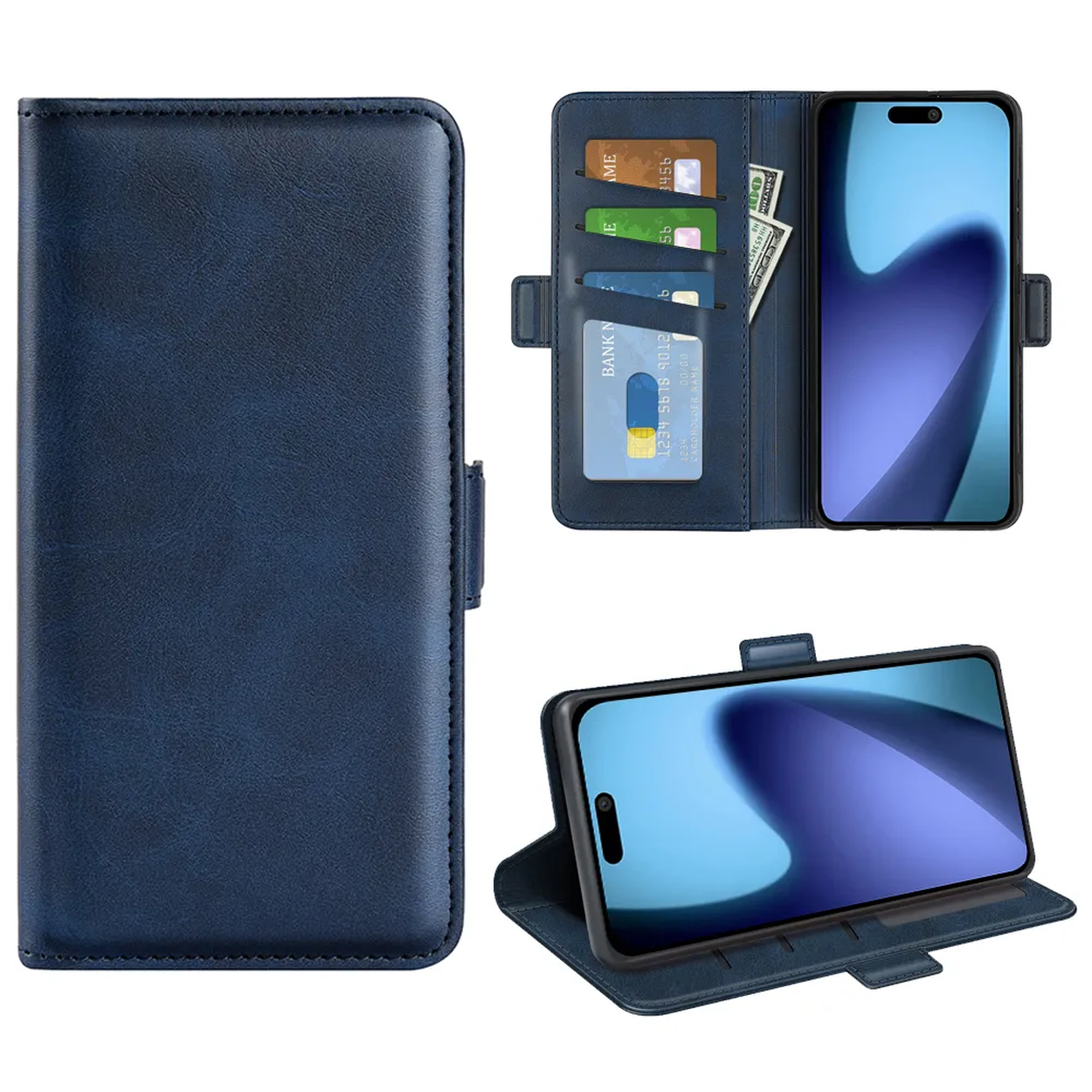 Een blauwe telefoonhoes met een telefoon, kaarten en geld erin. De telefoon staat rechtop. De hoes is links gesloten.