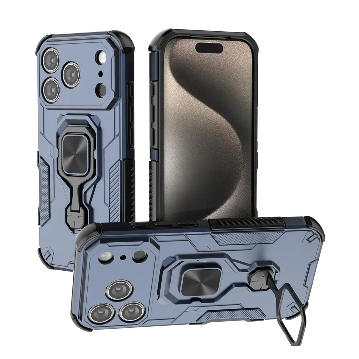 Drie blauwe telefoonhoesjes met zwarte randen. Elke hoes heeft een ringhouder. Eén hoesje toont de telefoon erin.