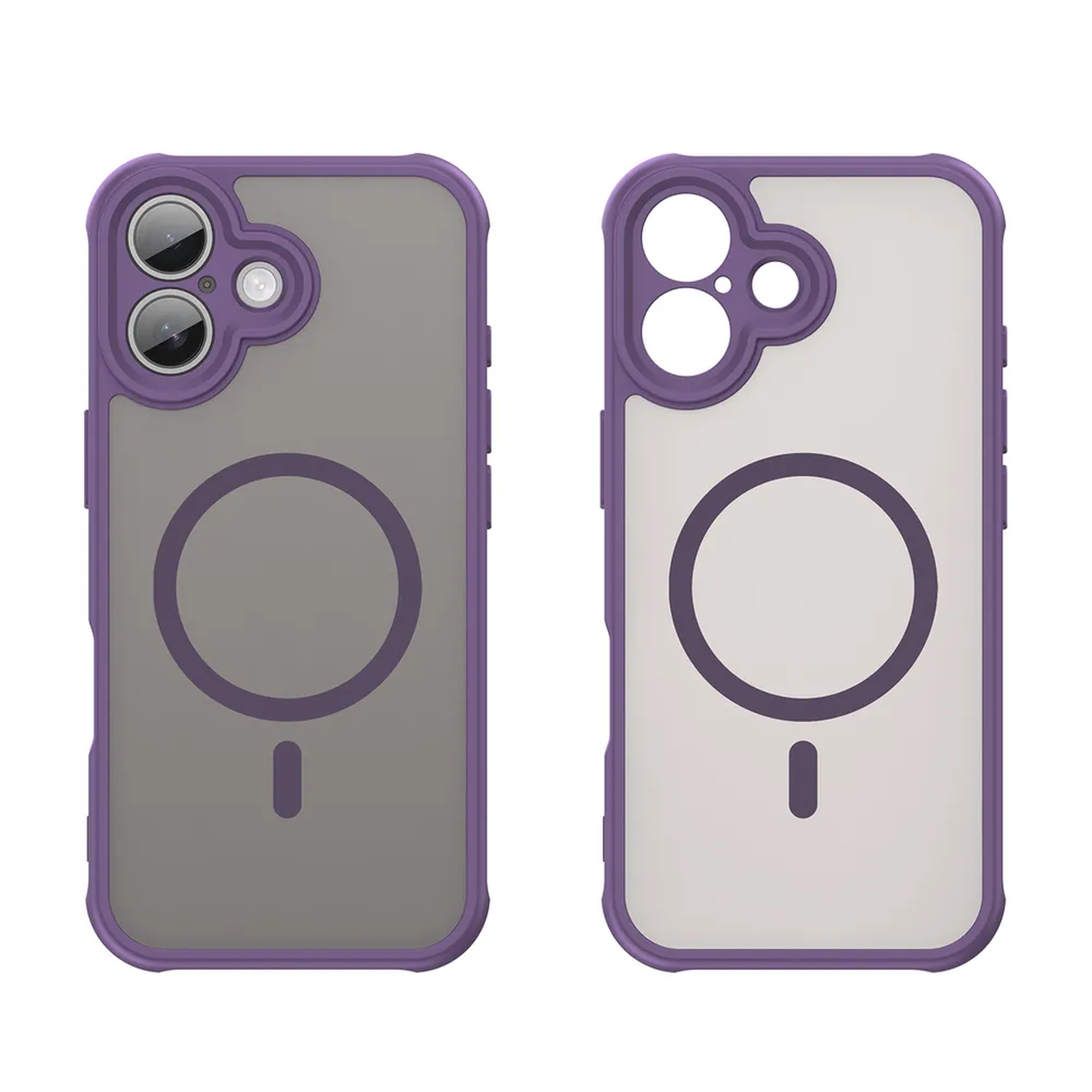 Twee telefoonhoesjes, paars frame, één grijze achterkant, één witte achterkant. Cirkel en minteken. Cameragaten.