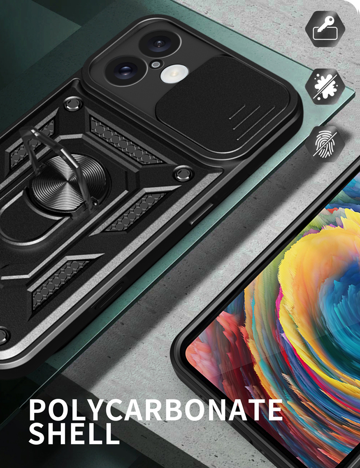 Zwarte telefoonhoes met een ringhouder. De hoes ligt op een oppervlak, met de woorden 'POLYCARBONATE SHELL' onderaan.