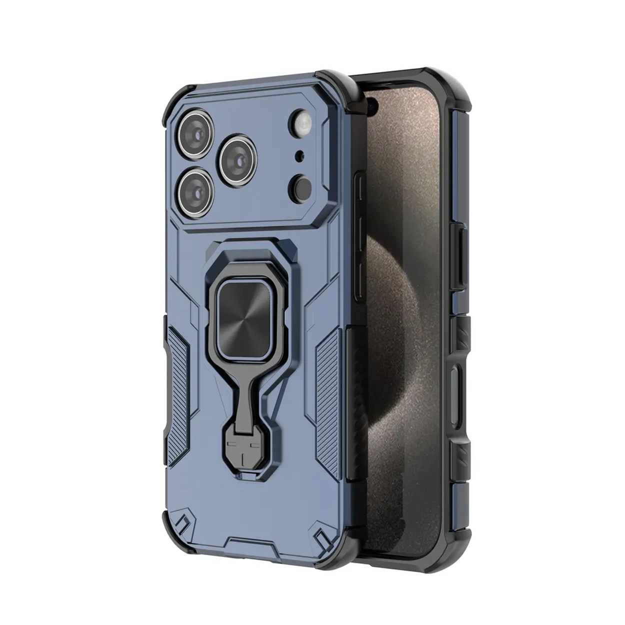 Een blauwzwarte telefoonhoes met een ringhouder. De hoes is robuust met uitsparingen voor de camera en een zichtbaar smartphonescherm.
