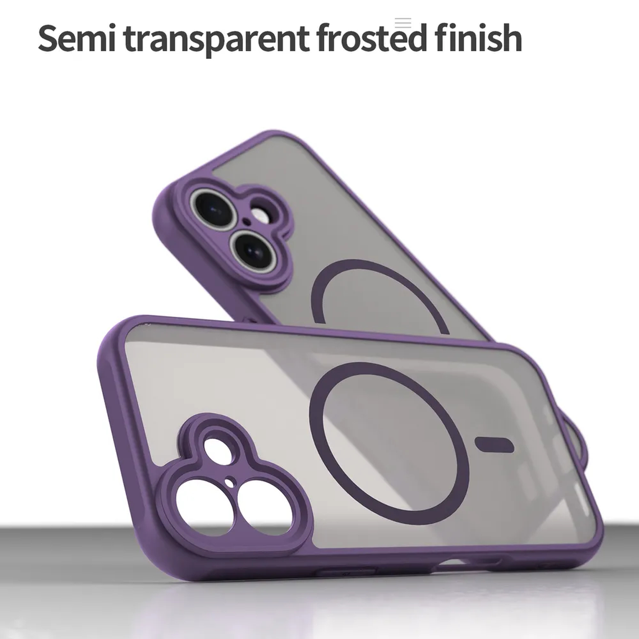 Twee semi-transparante telefoonhoesjes. Paarse frames en camera-omrandingen, met heldere centra. Eén hoesje ligt iets boven het andere.