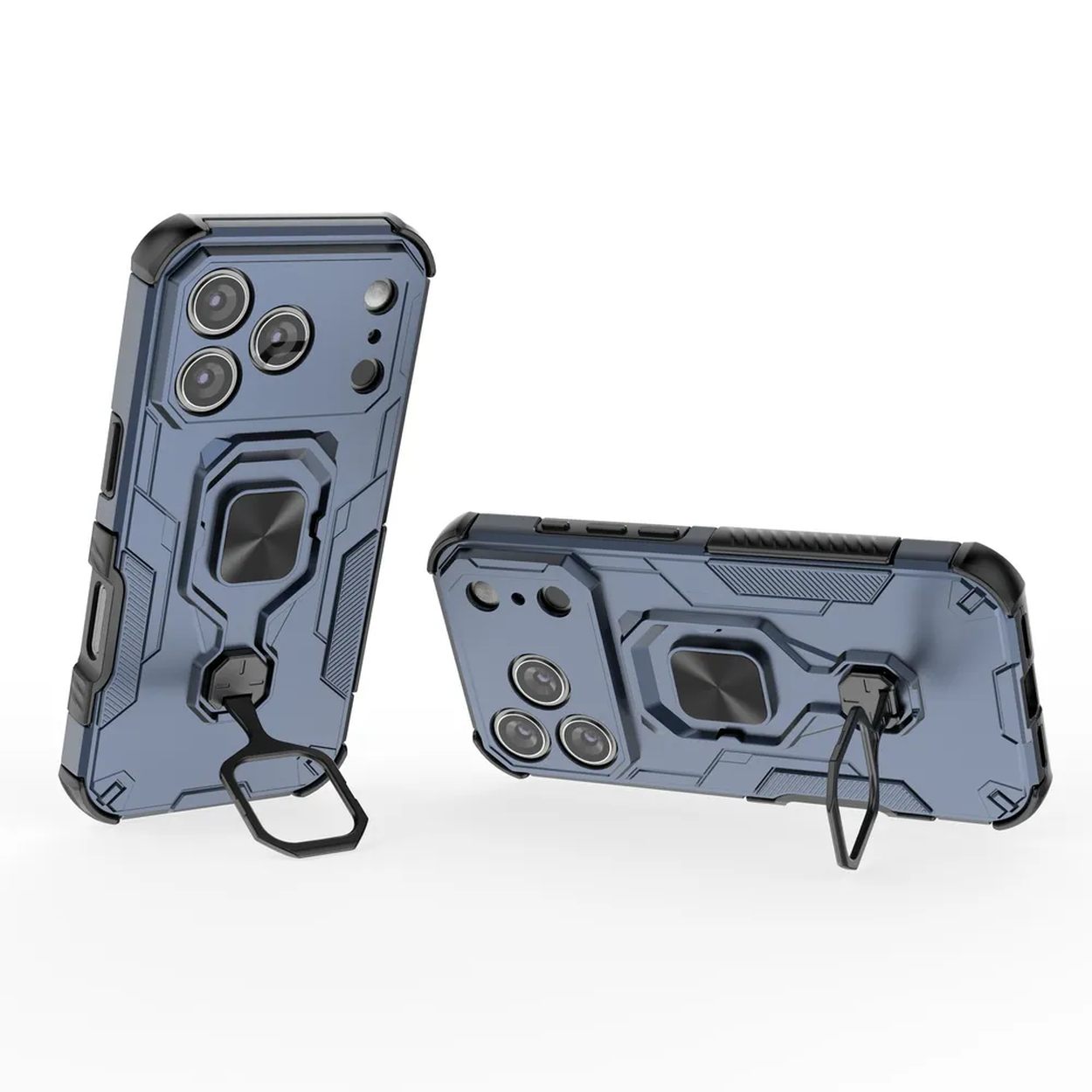 Twee blauwe telefoonhoesjes met zwarte accenten en ringhouders worden getoond tegen een witte achtergrond. Eén staat, één ligt.
