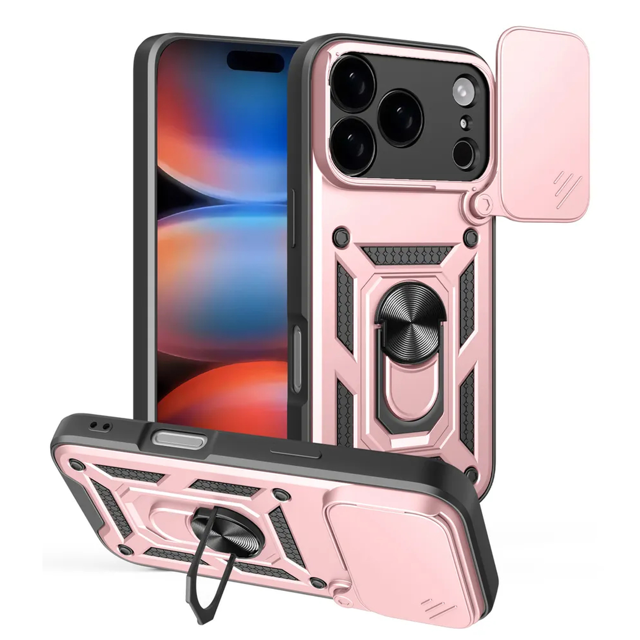 Coque de téléphone rose et noire avec cache caméra et support anneau. L'étui est en trois parties, montrant ses différents angles.