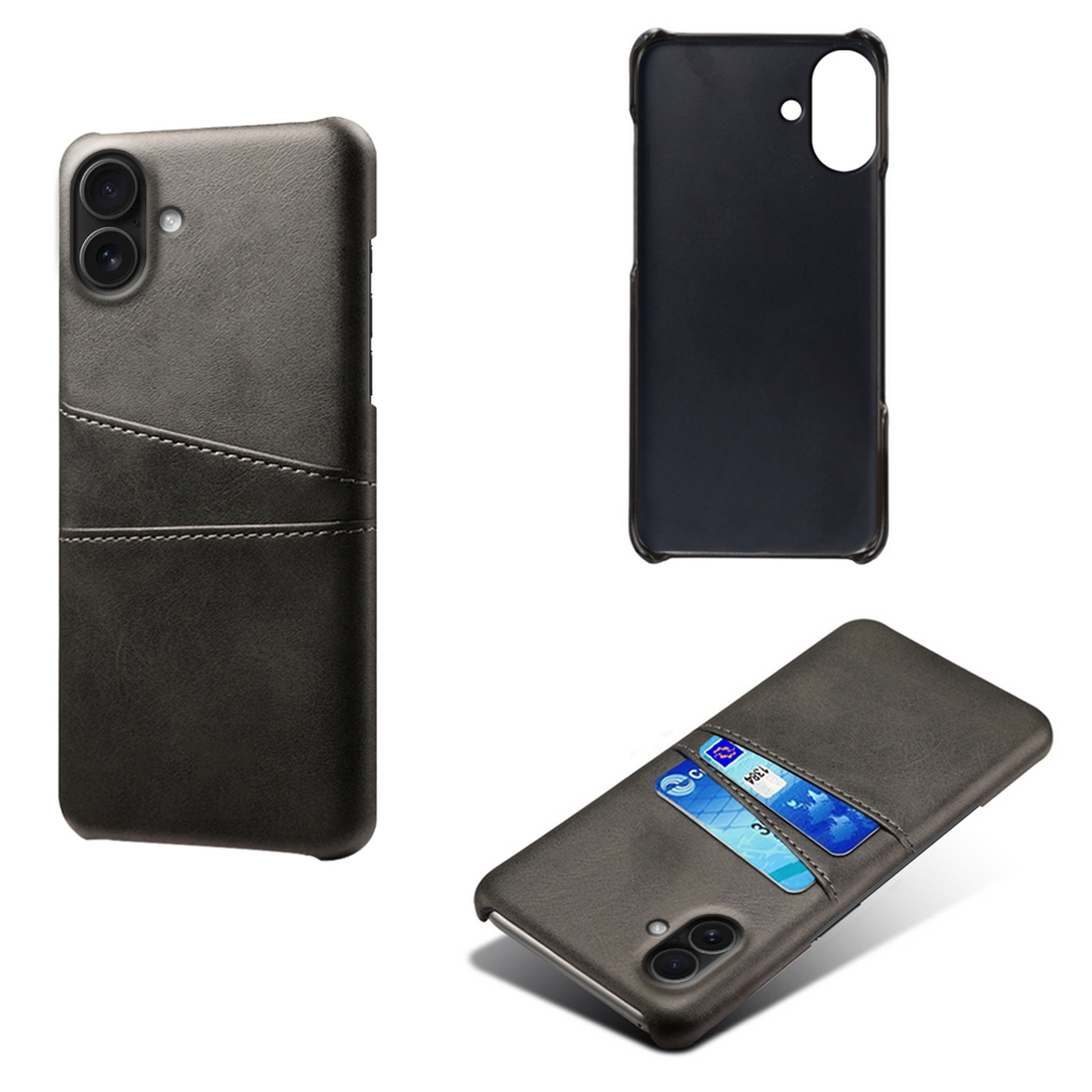 Drie telefoonhoesjes, één rechtop, één achteraanzicht, één gekanteld. Eén hoesje heeft twee creditcards. Allemaal donkergrijs leer.