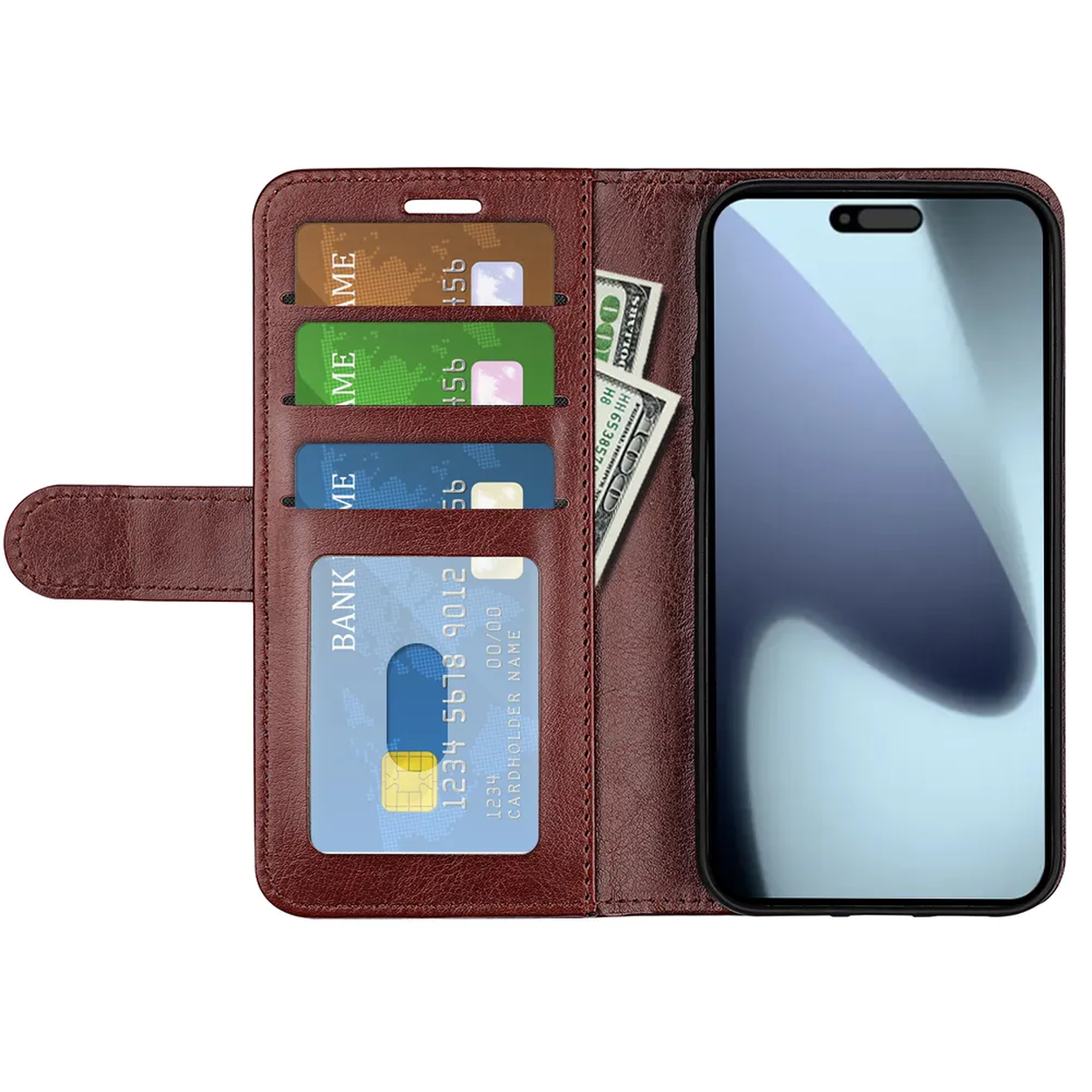 Een open bruine leren telefoonhoes, met telefoon, kaarten en contant geld.