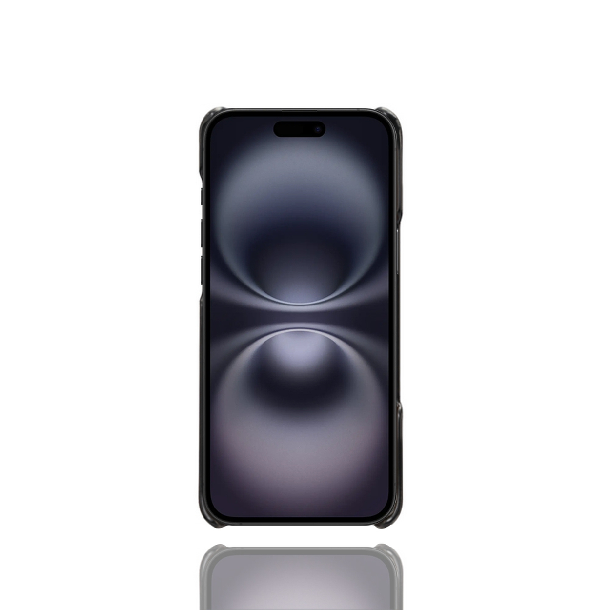 Een smartphone met een zwarte hoes wordt weergegeven. Het scherm toont een abstract ontwerp met een verloop en de reflectie is zichtbaar.