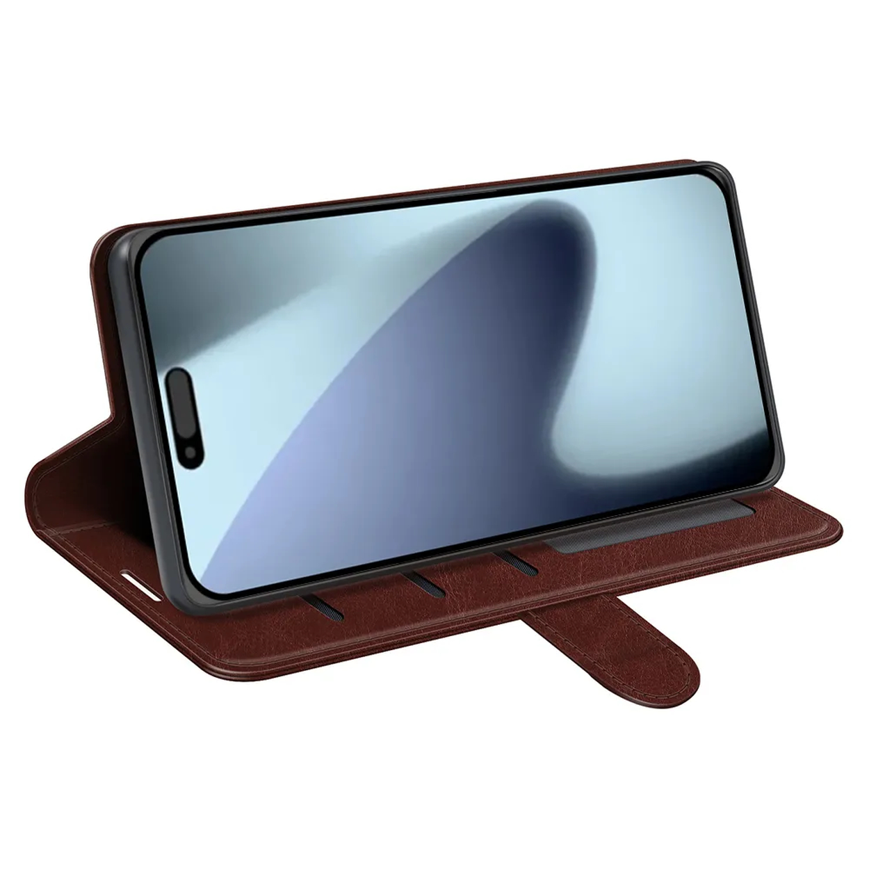 Een bruine leren telefoonhoes met een telefoon erin. Het telefoonscherm is zichtbaar en toont een verloopkleur. Witte achtergrond.