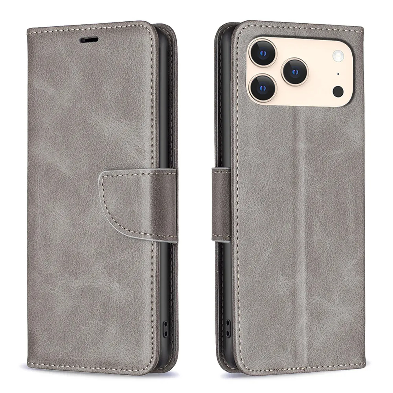 Een grijze telefoonhoes, open en dicht, met een flap en stiksels. De open hoes toont de camera van de telefoon.