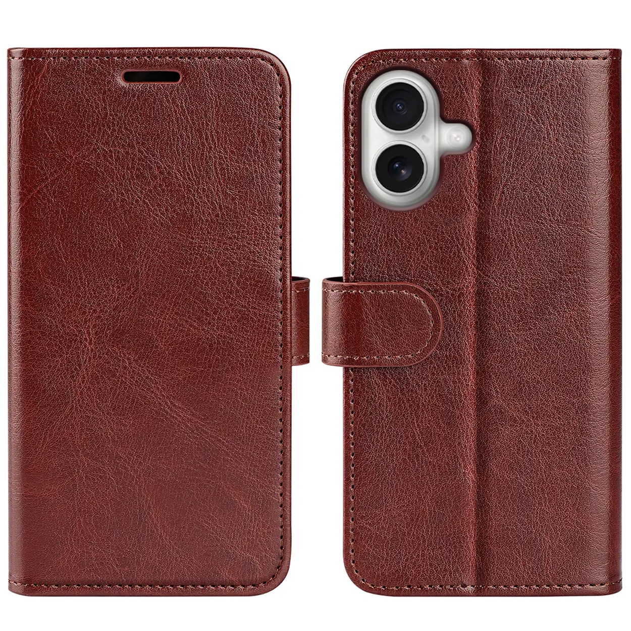Een donkerrode leren telefoonhoes, open, met de binnenkant en de telefooncamera. De hoes heeft een magnetische sluiting.