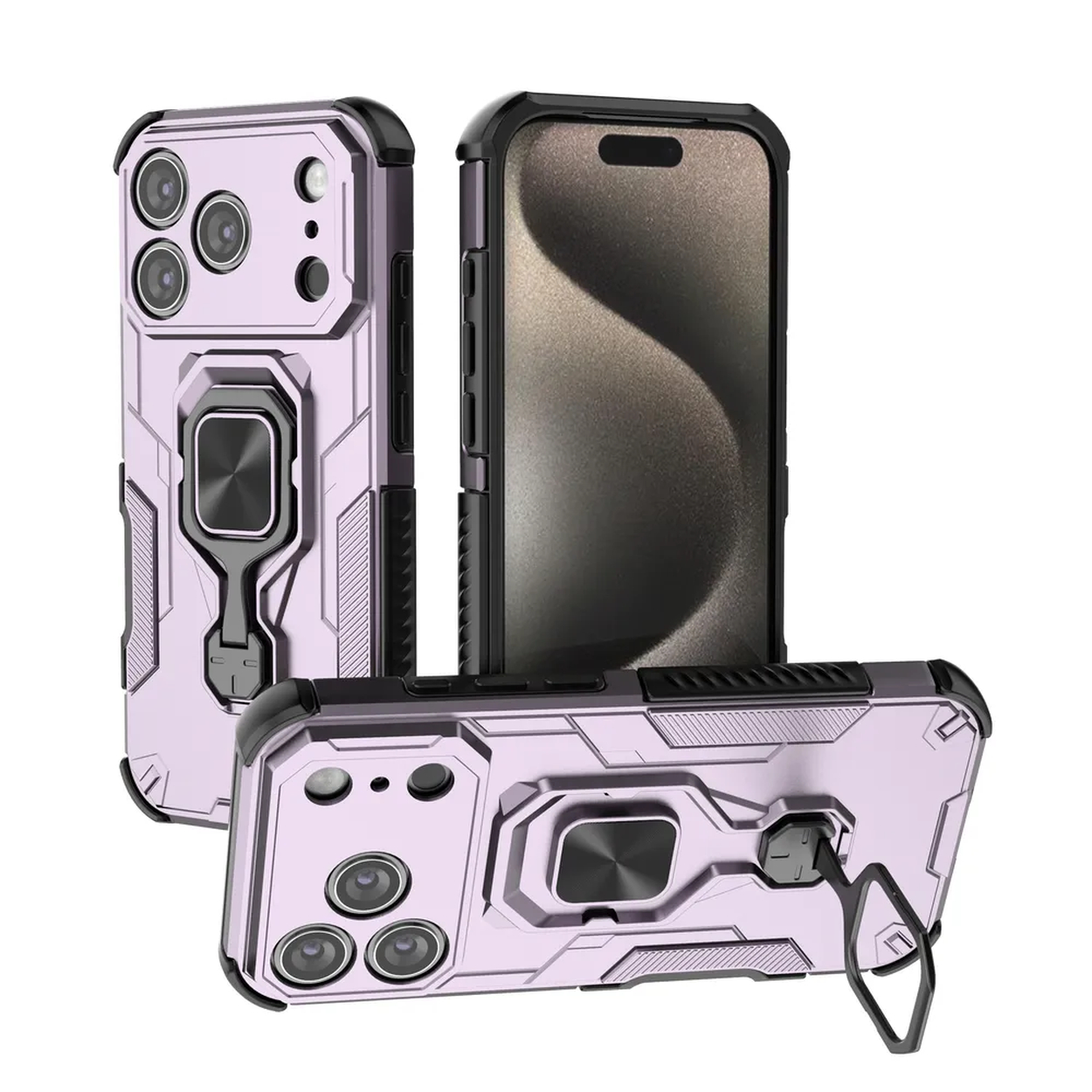 Drie telefoonhoesjes: paars met zwarte accenten. Eén houdt een telefoon vast. Allemaal hebben camera-uitsparingen en ringhouders. Witte achtergrond.