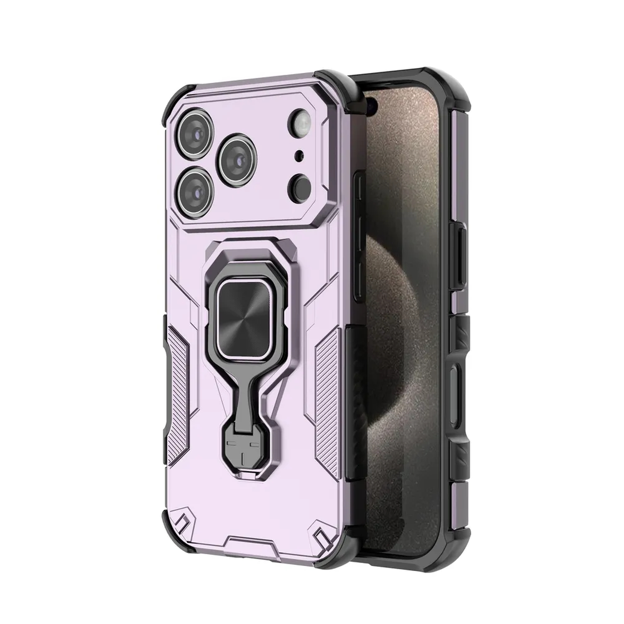 Een telefoonhoesje, lichtpaars met een zwart frame en een ringhouder. Het scherm van de telefoon is zichtbaar.