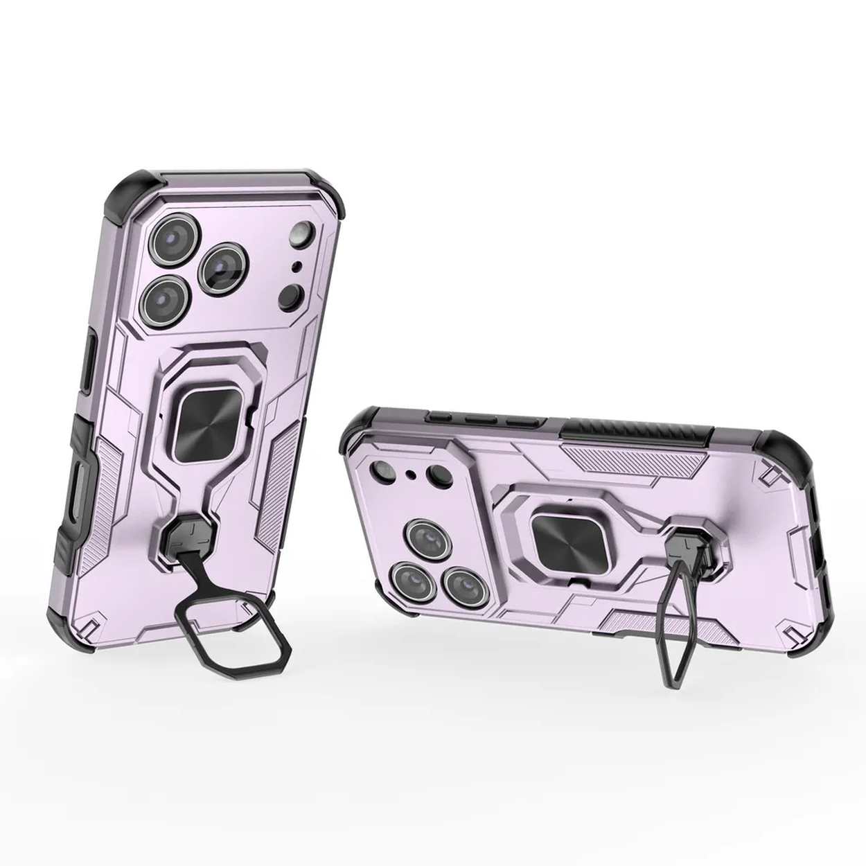 Twee lichtpaarse telefoonhoesjes met zwarte accenten, elk met een ringhouder. Eén staat rechtop, de andere ligt plat.