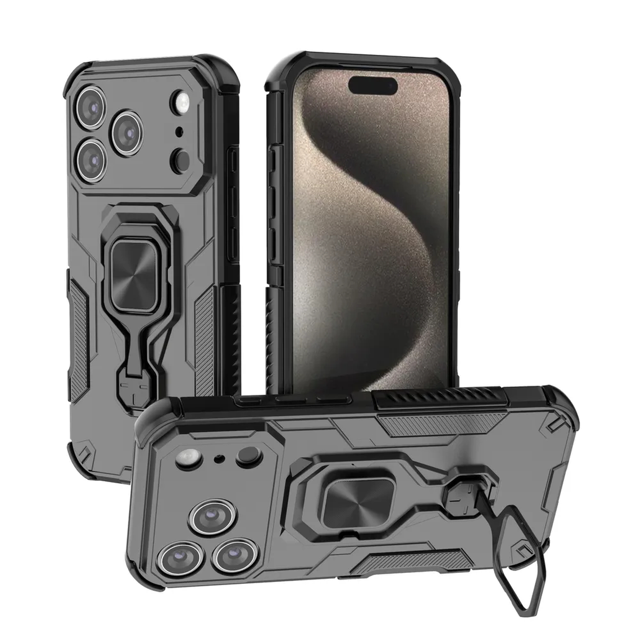 Drie grijze telefoonhoesjes worden weergegeven. Elke hoes heeft een ringhouder en een cameragedeelte. Eén hoesje bevat een telefoon.