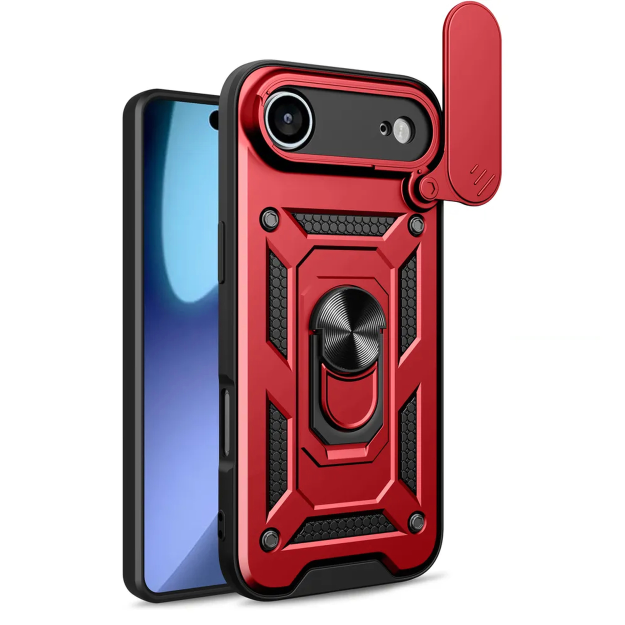 Een rode telefoonhoes met een ringhouder is bevestigd aan een telefoon. Een cameralens is zichtbaar. Er zit een standaard op de hoes.