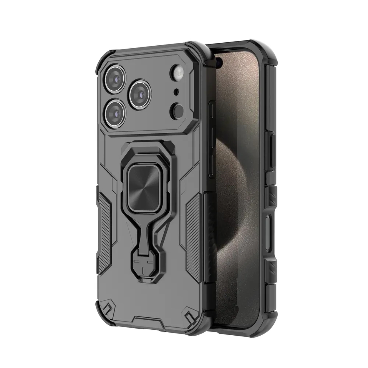 Een grijze en zwarte telefoonhoes. Het heeft een ringhouder en uitsparingen voor de camera. Het scherm is zichtbaar.