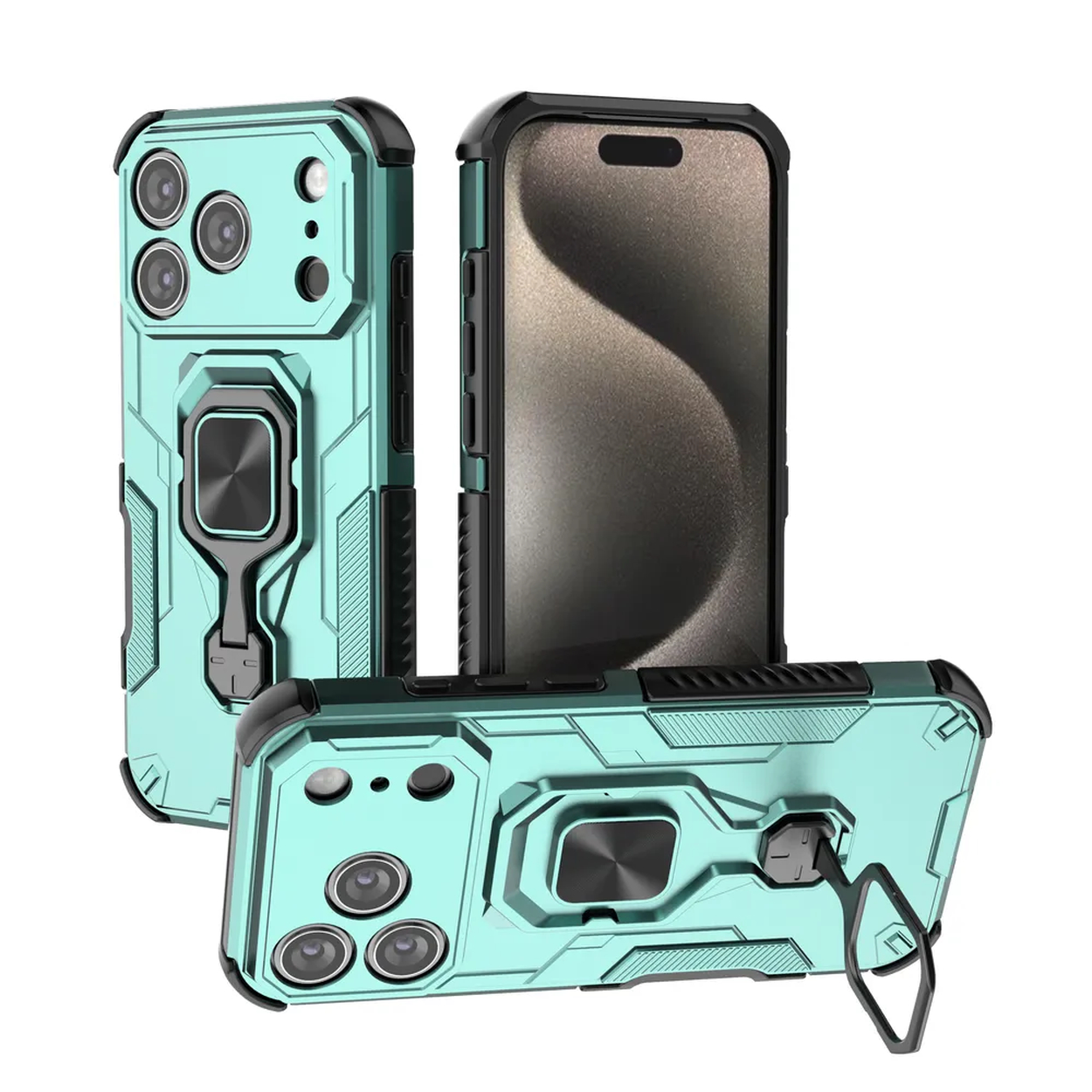 Drie teal telefoonhoesjes met zwarte accenten. Een hoesje heeft een telefoon erin. Hoesjes hebben ringhouders en camera-uitsparingen.