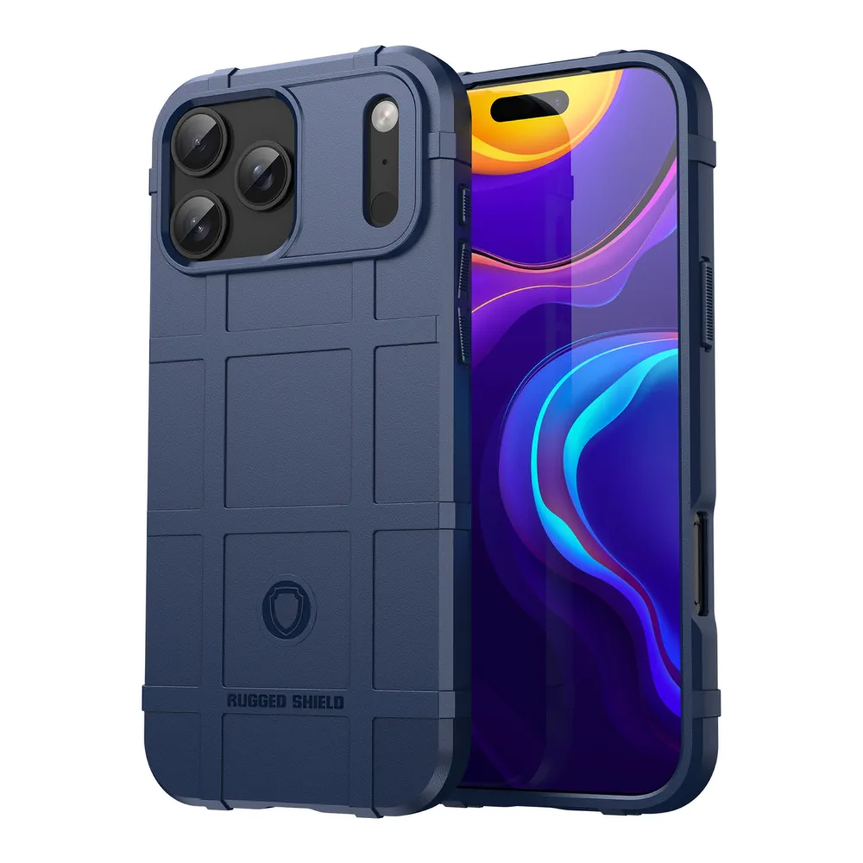 Een blauwe telefoonhoes met een robuust ontwerp naast een smartphone, met een kleurrijk abstract behang.